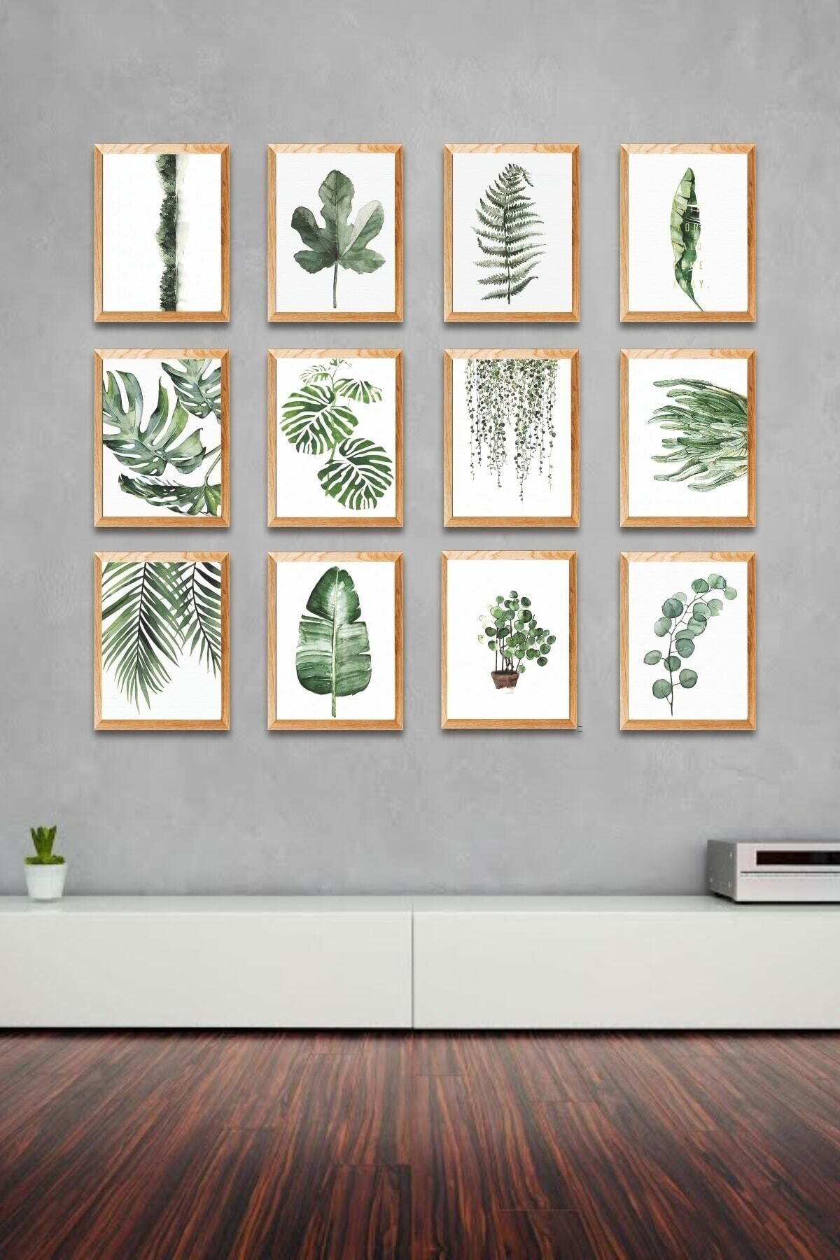 12 Parça Ahşap Tablo Seti -yeşil Yapraklar Salon Oturma Yatak Odası Için Mdf Duvar Dekoru Tablo Seti