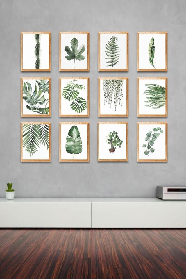12 Parça Ahşap Tablo Seti -yeşil Yapraklar Salon Oturma Yatak Odası Için Mdf Duvar Dekoru Tablo Seti