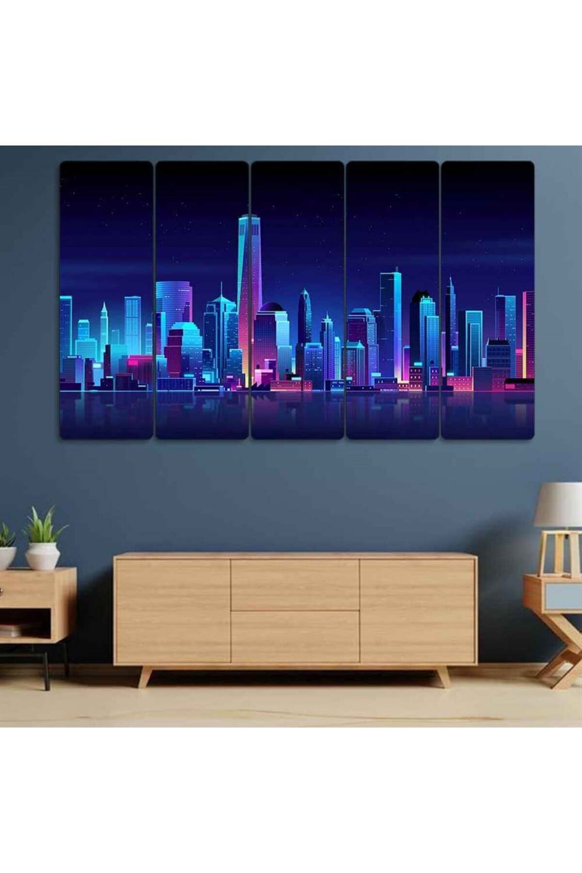 Gökdelenler Neon Soyut Çizim - 5 Parçalı Tablo