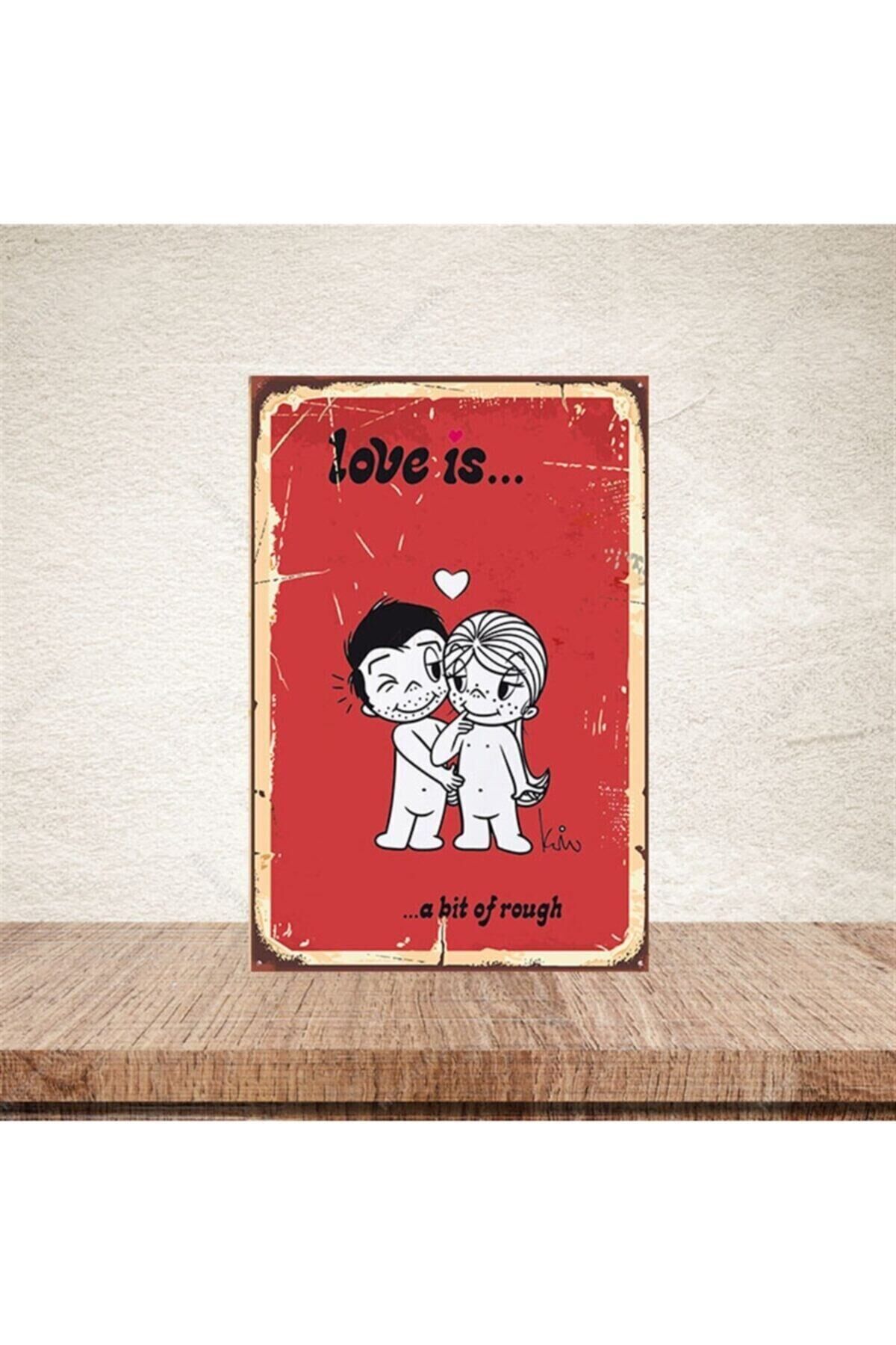Kırmızı Retro Ahşap Love Is Baskılı Poster