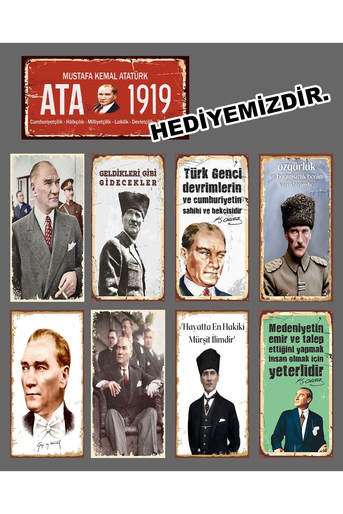 Atatürk Görselli Mini Retro Ahşap Poster Seti 8'li 1 Poster Hediye