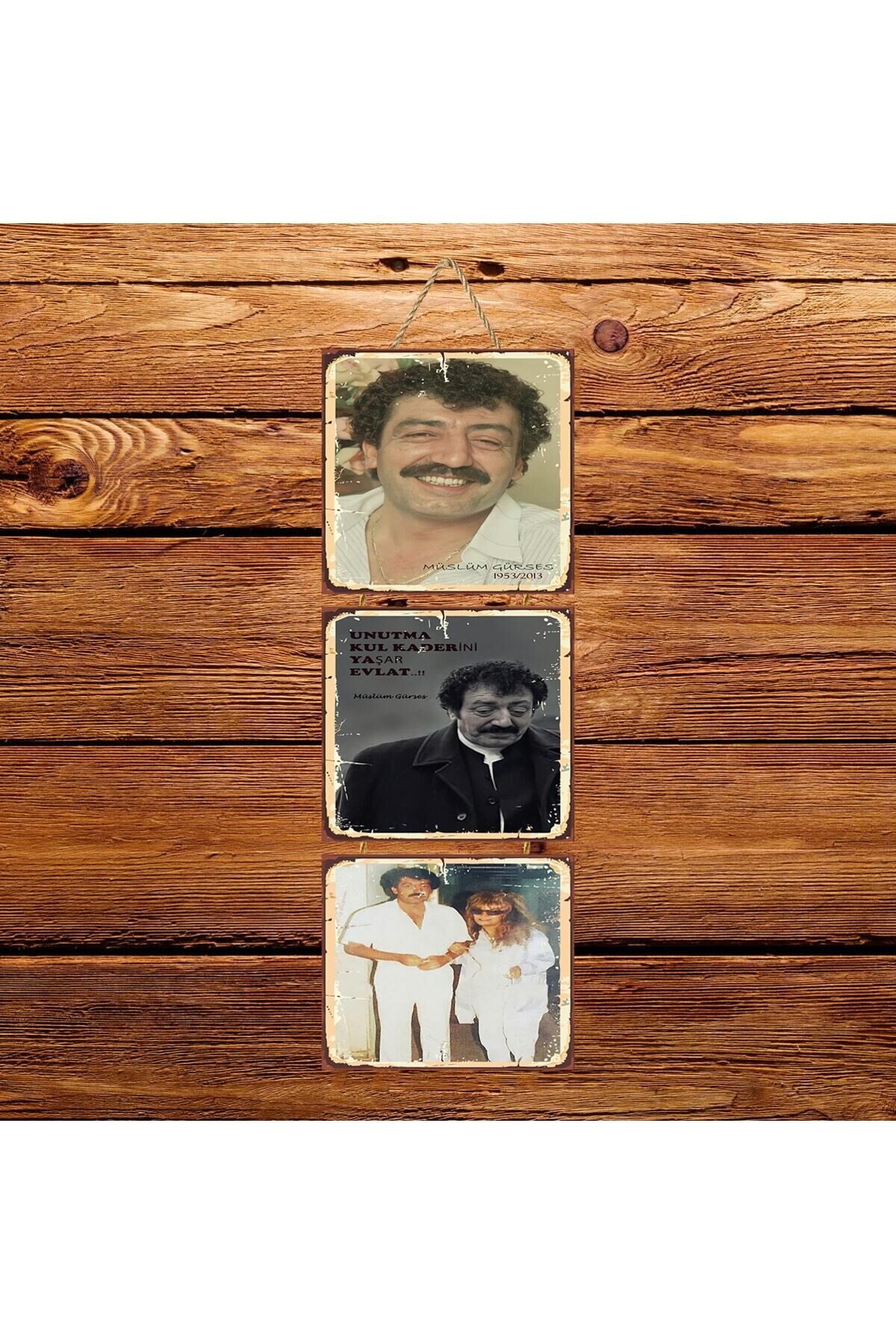 Müslüm Gürses Tasarımlı Üçlü Retro Ahşap Tablo