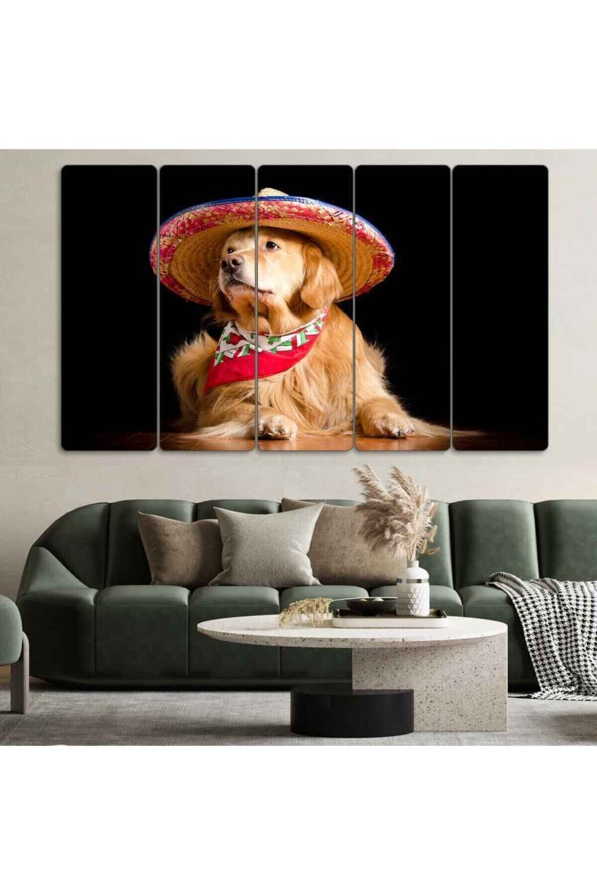 Şapkalı Golden Köpek - 5 Parçalı Tablo