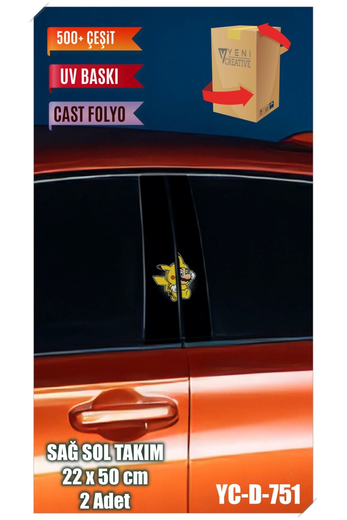 Araç Kapı Direk Kaplama Folyosu Mario Desenli (SAĞ SOL TAKIM) (2 ADET) - 22x50 Cm