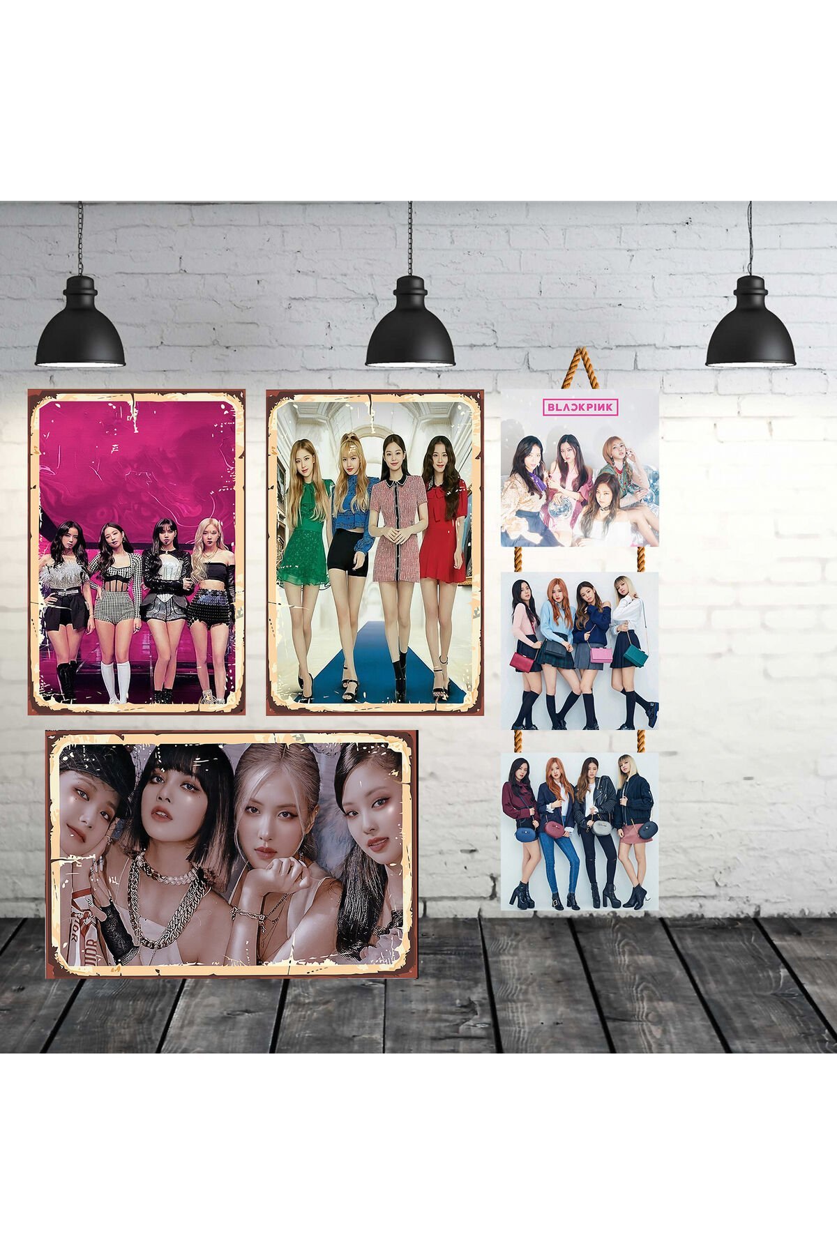 BlackPink Tasarımlı Set 3 Adet 20x30 Cm 3 Adet 15x15 Cm Retro Ahşap Tablo
