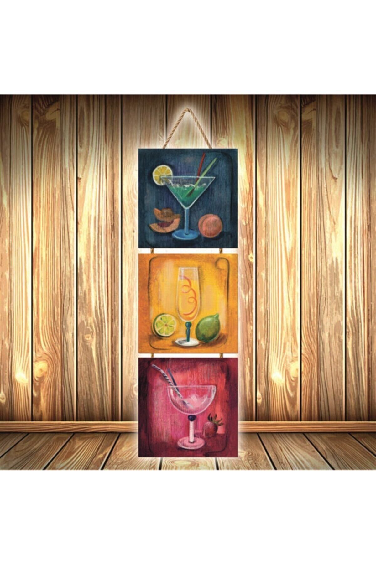 Kokteyl Tasarımlı Üçlü Retro Ahşap Poster Ü401