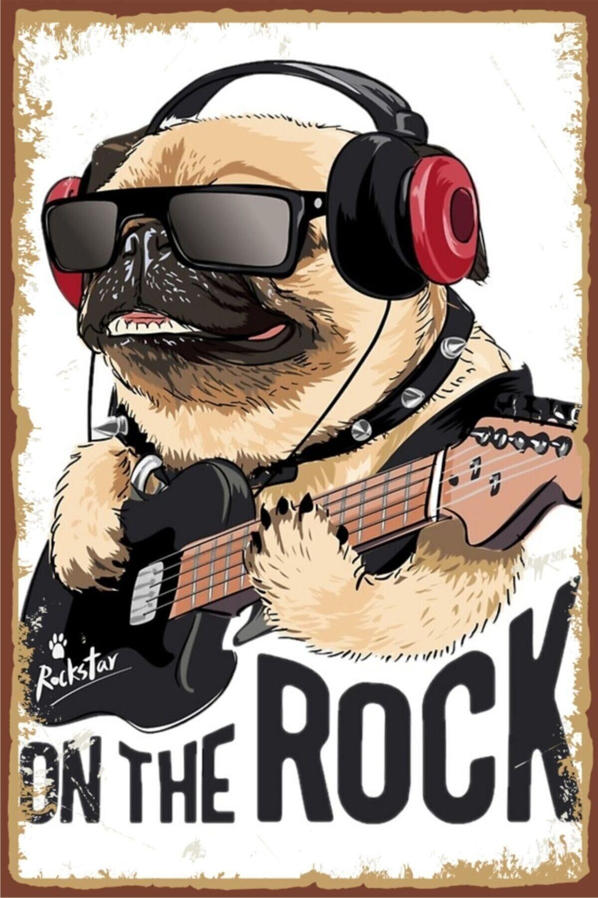 Pug Rock Retro Ahşap Poster