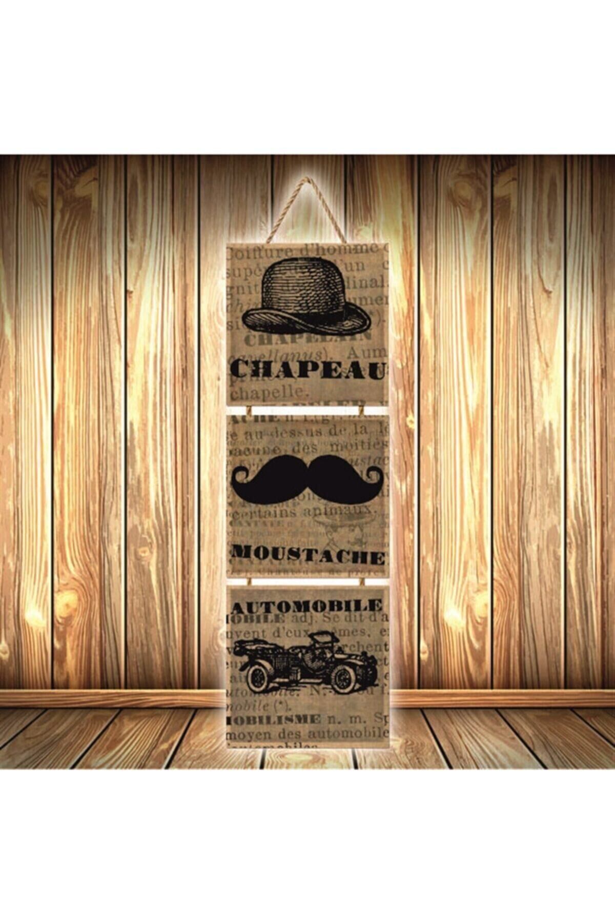Chapeau Moustache Automobile Tasarımlı Üçlü Retro Ahşap Poster Ü374