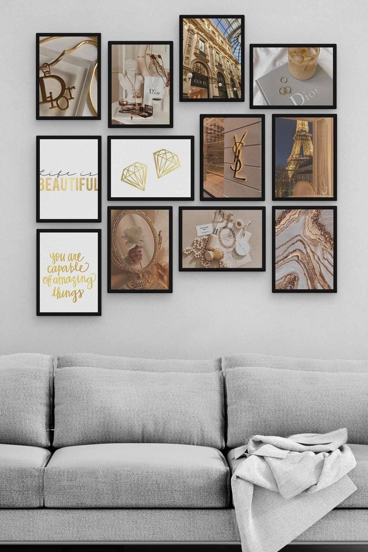 Altın Sarısı 12 Parça Ahşap Mdf Tablo Zlltb406