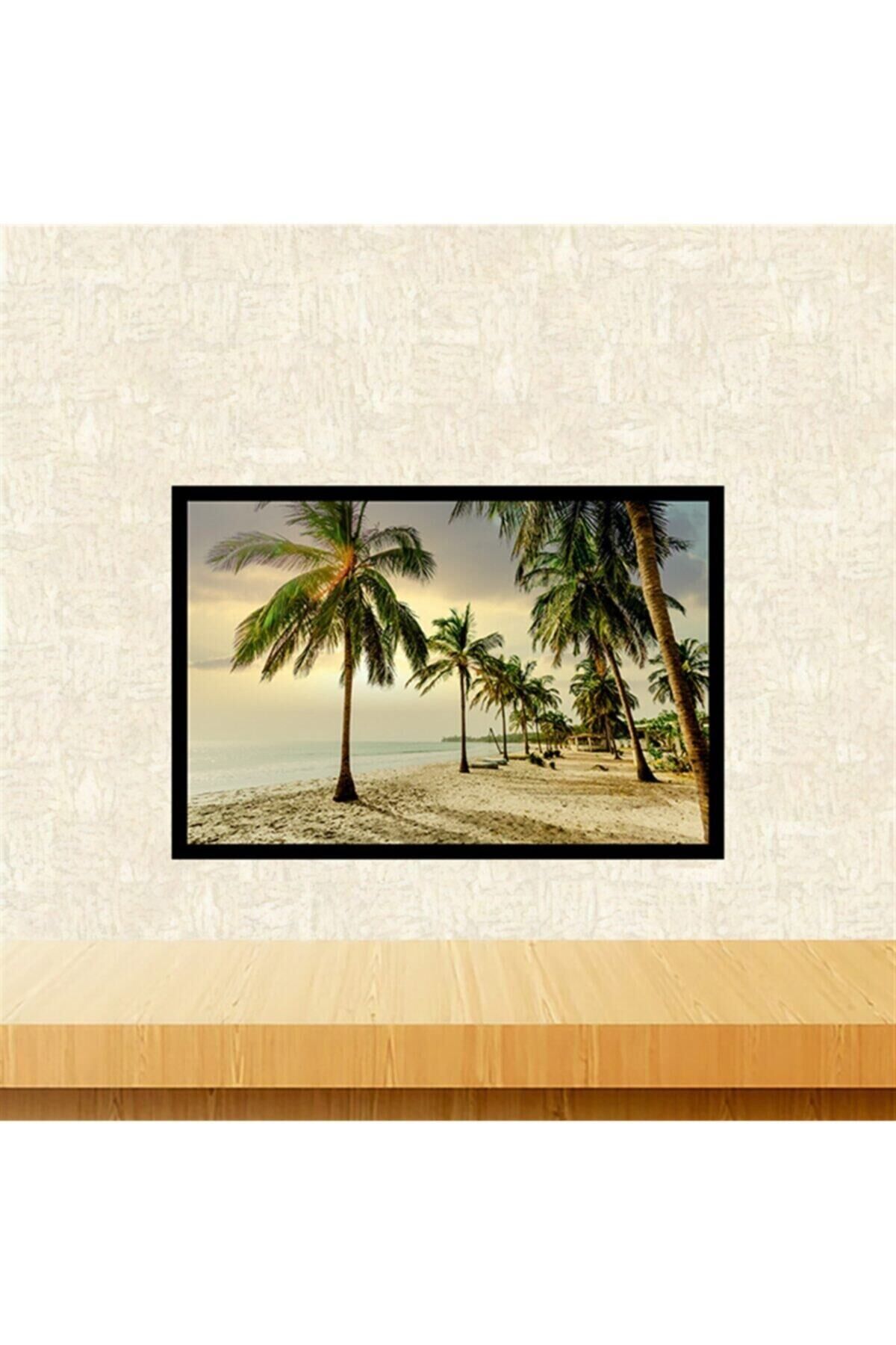 Deniz Kenarı Ve Palmiyeler Tasarımlı 20-30 cm Retro Ahşap Tablo Tkfx5972