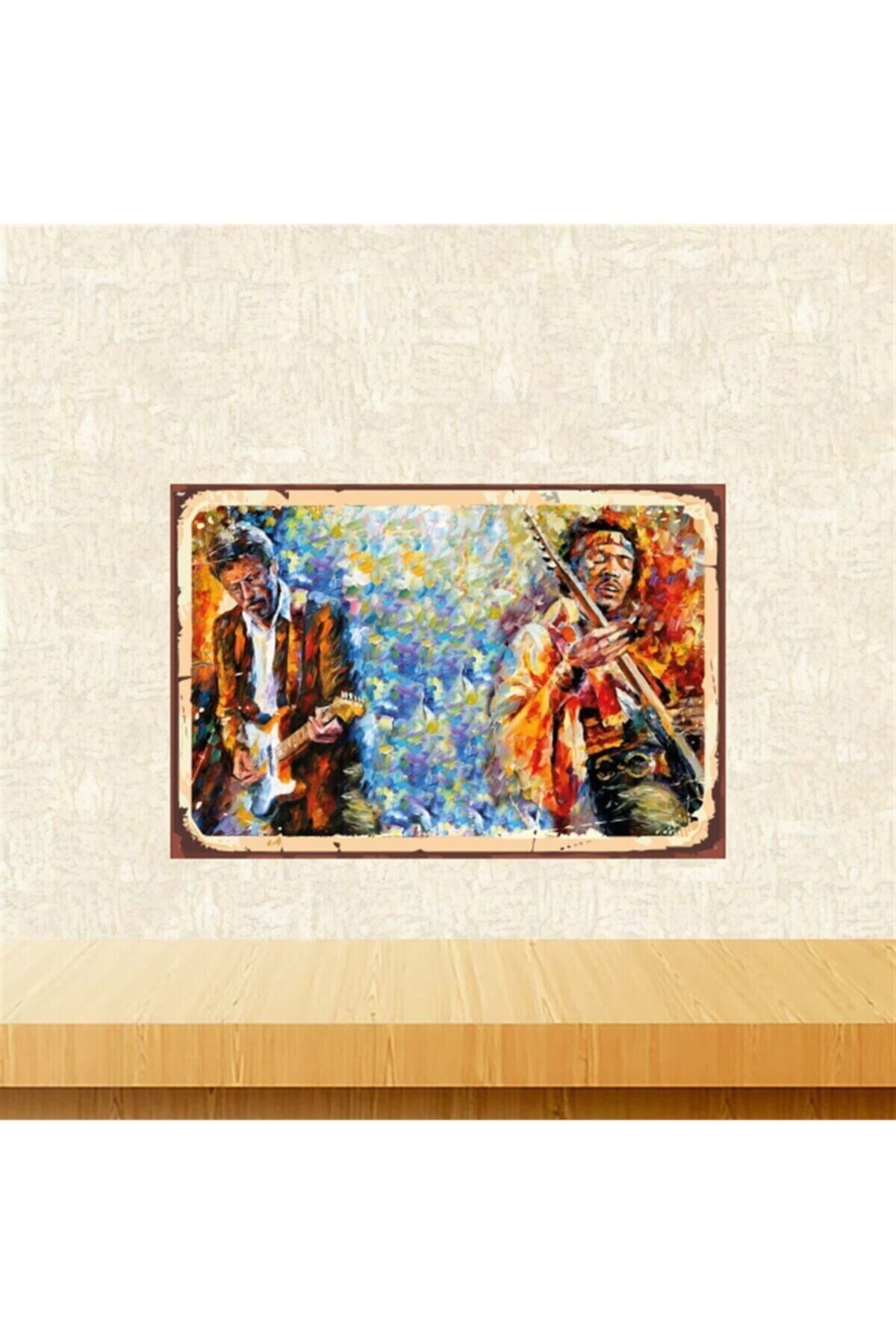 Eric Clapton & Jimi Hendrix Tasarımlı 20-30 cm Retro Ahşap Tablo Tkfx5393