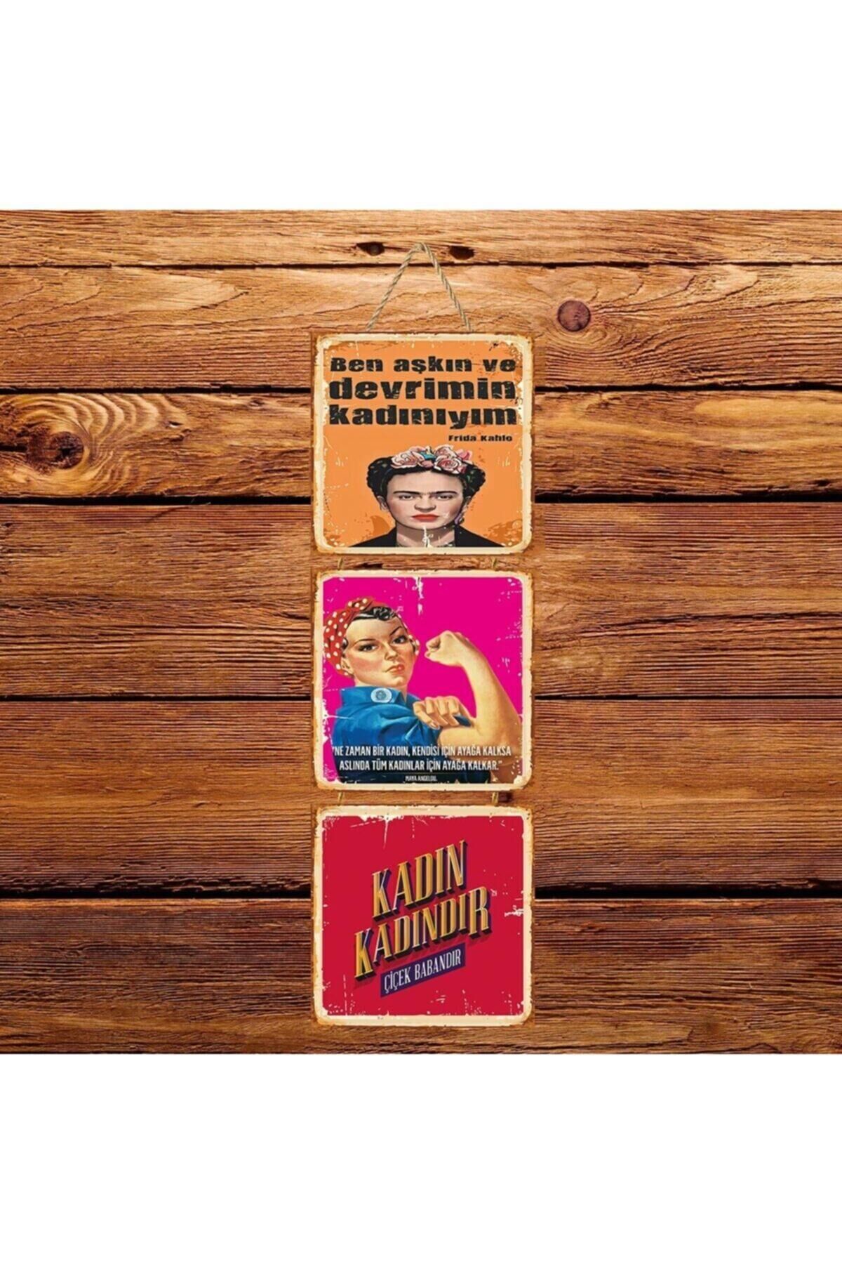 Kadın Kadındır Üçlü Retro Ahşap Poster