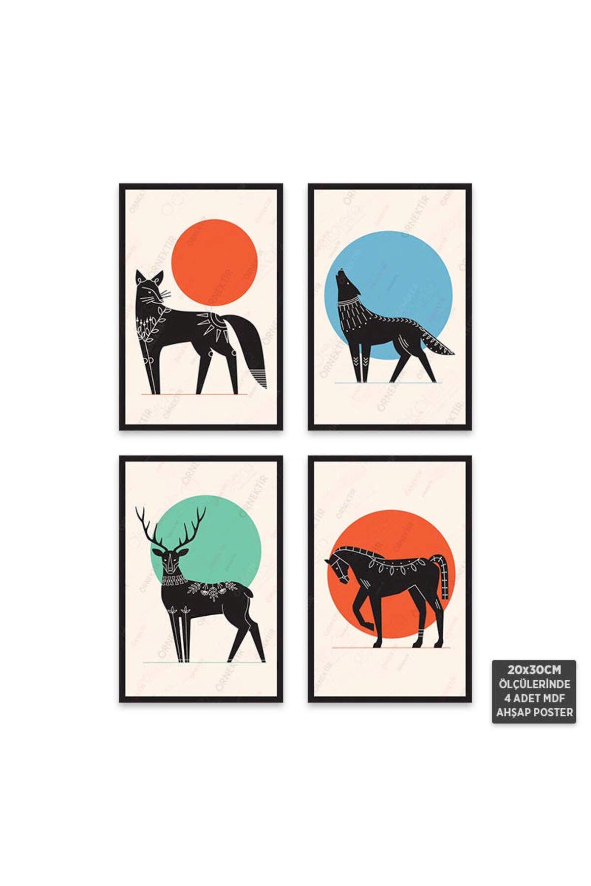 PS1029 - Silüet Hayvanlar Modern Mdf Ahşap Poster Set (4 Adet - 20x30cm)