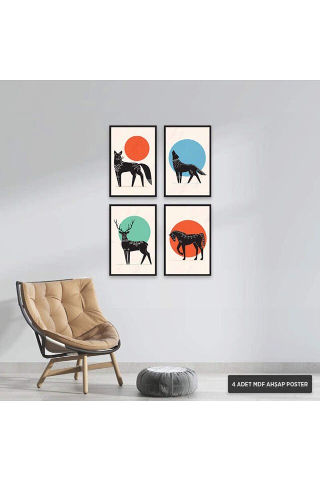 PS1029 - Silüet Hayvanlar Modern Mdf Ahşap Poster Set (4 Adet - 20x30cm)