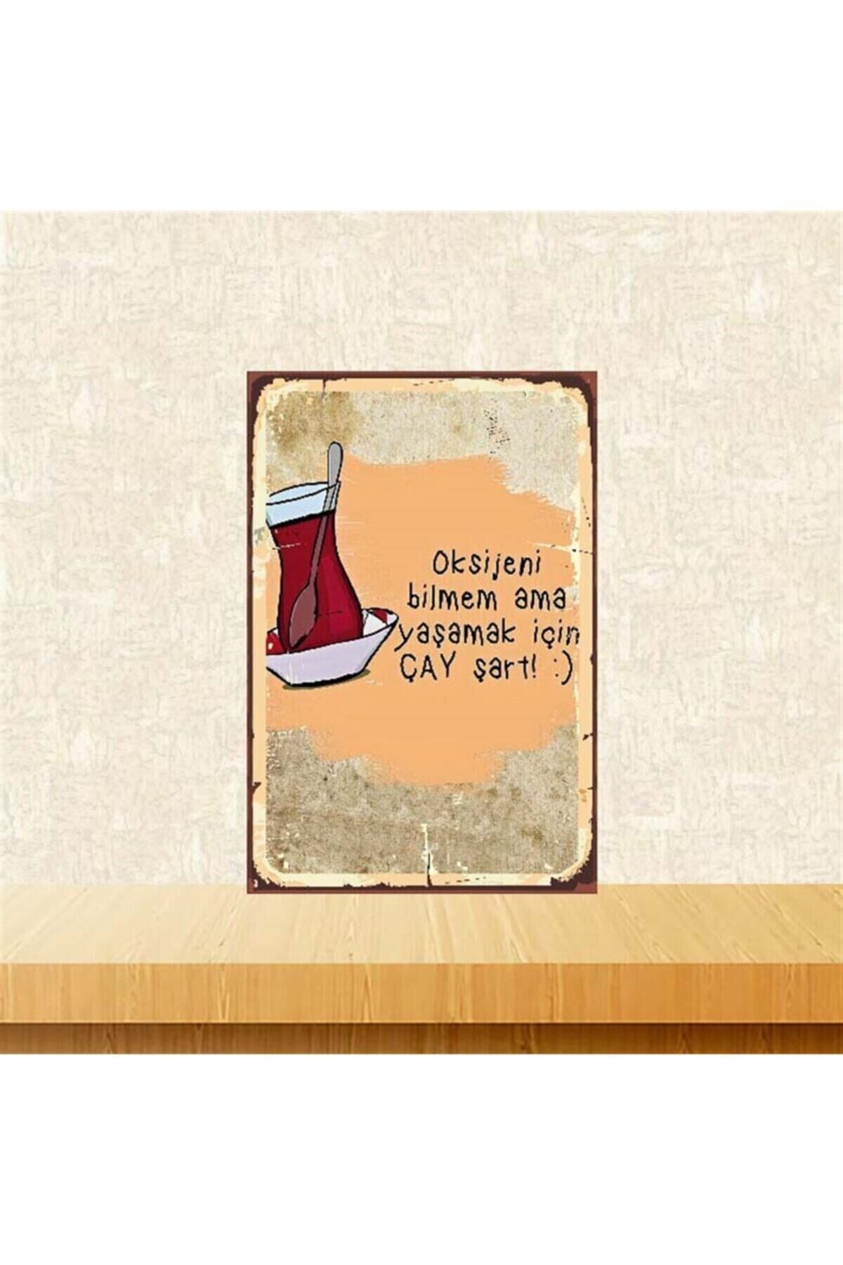 Yaşamak İçin Çay Şart Retro Ahşap Poster 20x30 cm