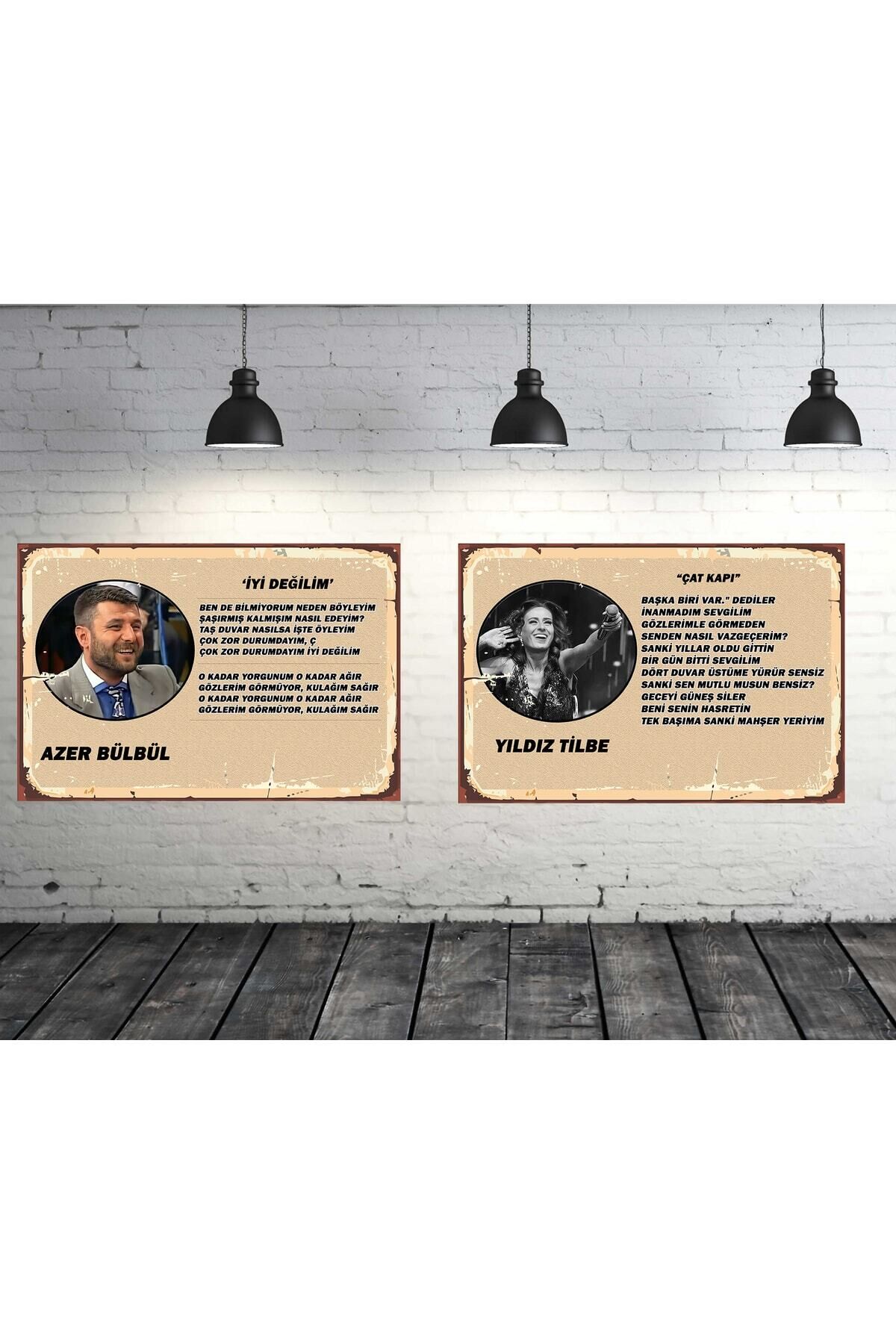 Azer Bülbül & Yıldız Tilbe Şarkı Sözleri Seti 2 Adet 20x30 Cm Retro Ahşap Tablo