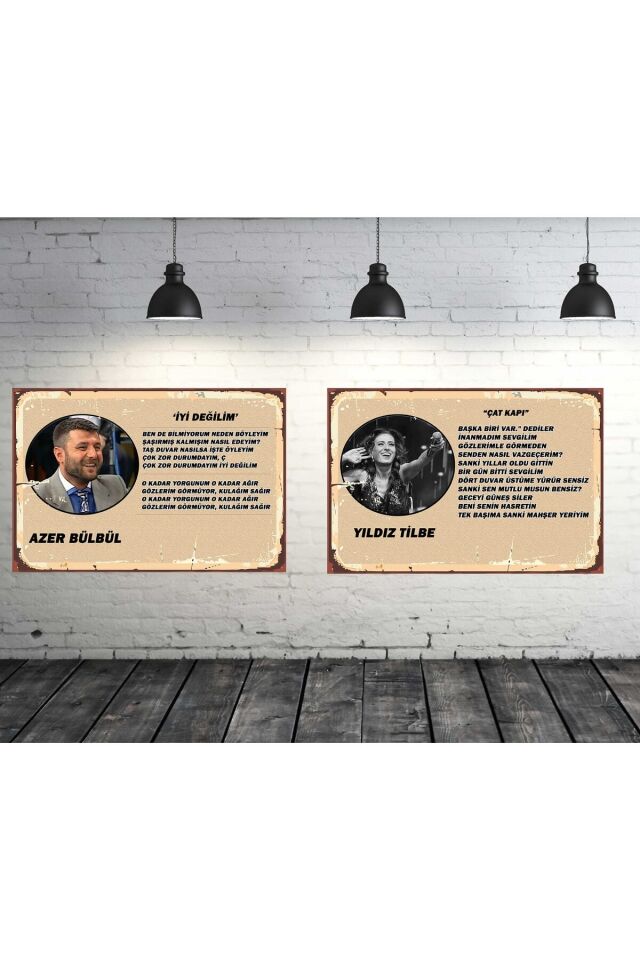 Azer Bülbül & Yıldız Tilbe Şarkı Sözleri Seti 2 Adet 20x30 Cm Retro Ahşap Tablo