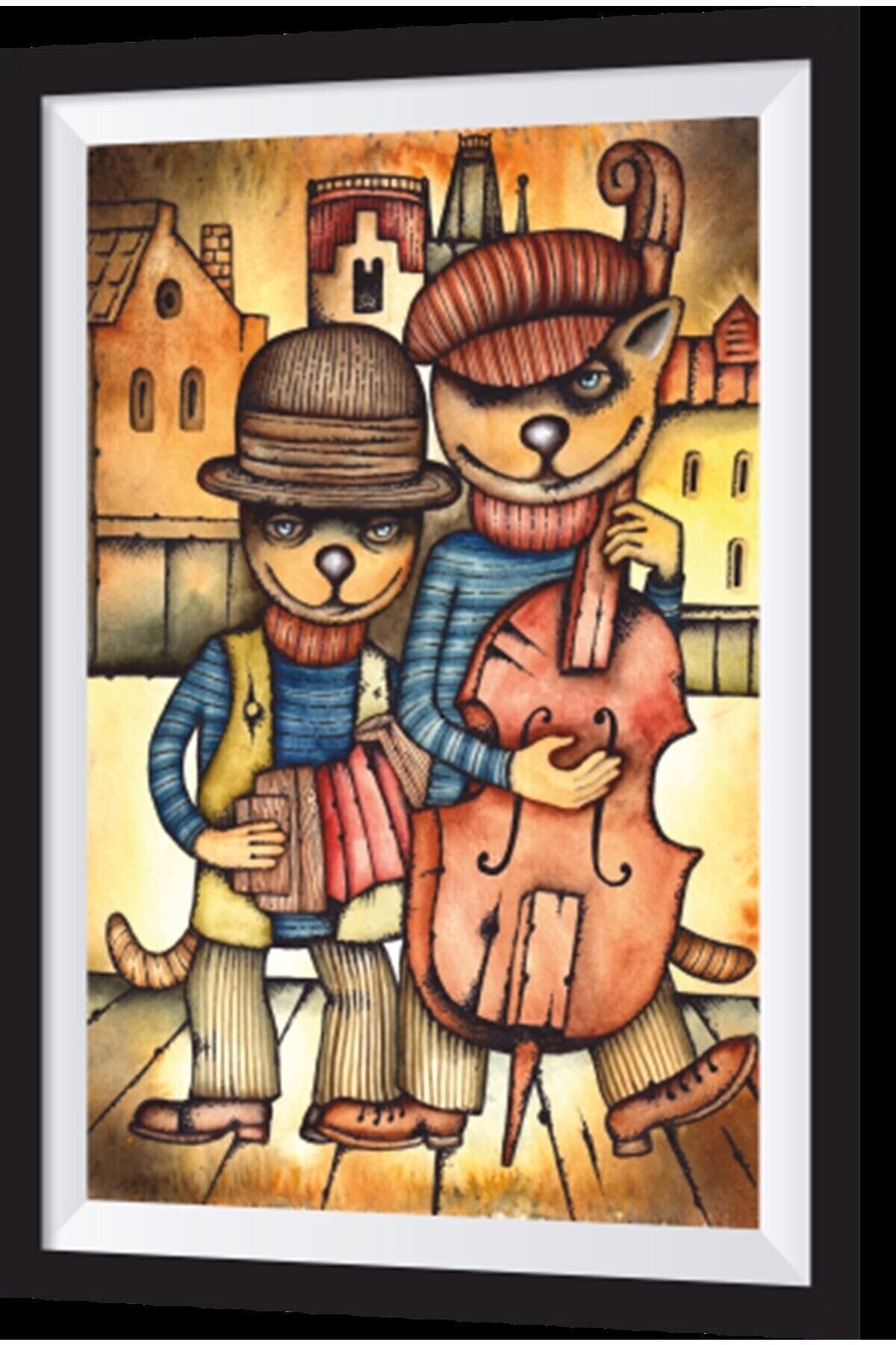 Müzisyen Kediler Sanatsal Çerçeve Görünümlü Ahşap Tablo