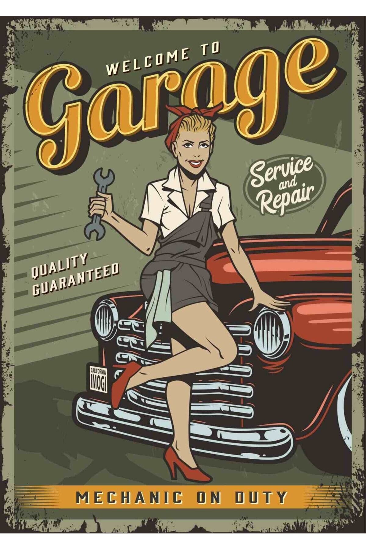 Welcome To Garage Retro Ahşap Poster