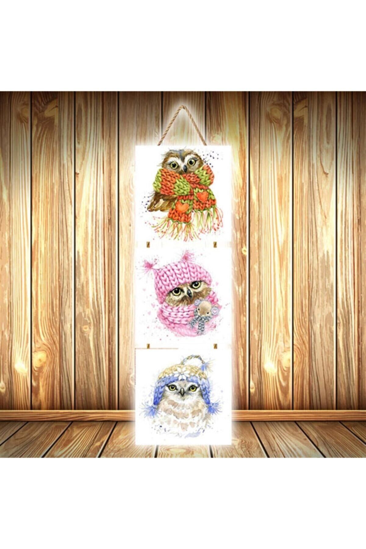 Kış Baykuşları Tasarımlı Üçlü Retro Ahşap Poster Ü545