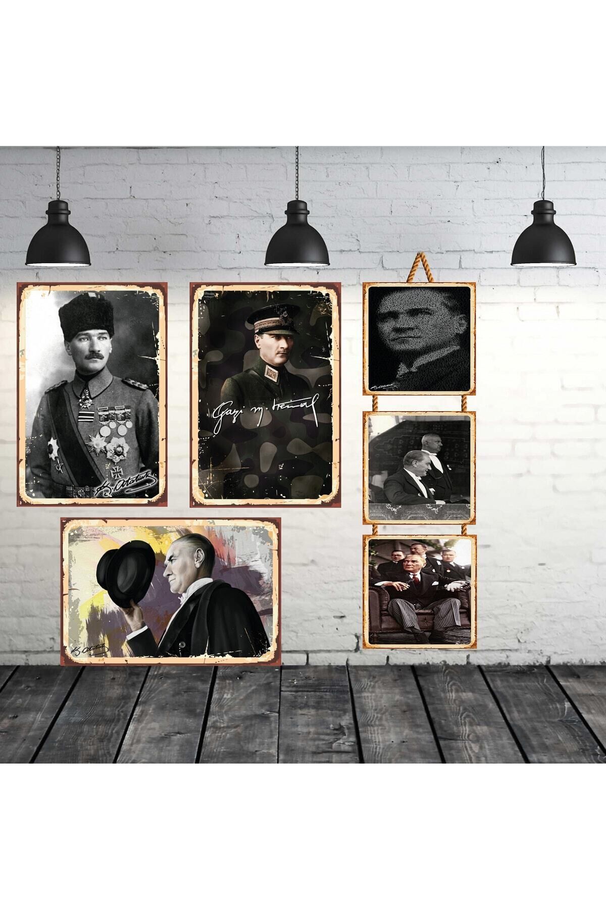 Mustafa Kemal Atatürk Seti 3 Adet 20x30 Cm 3 Adet 15x15 Cm Retro Ahşap Tablo