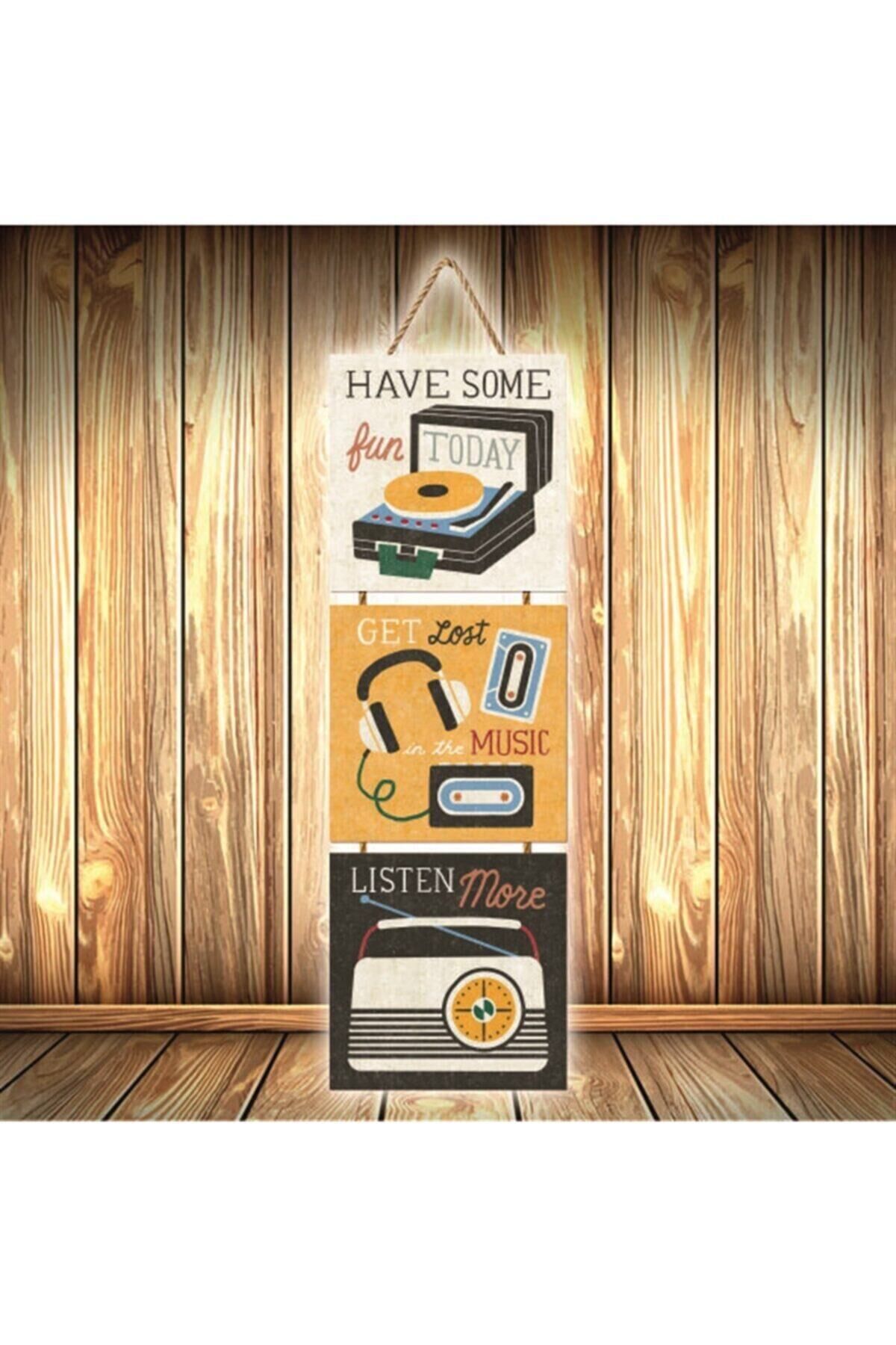 Listen Music Tasarımlı Üçlü Retro Ahşap Poster Ü398