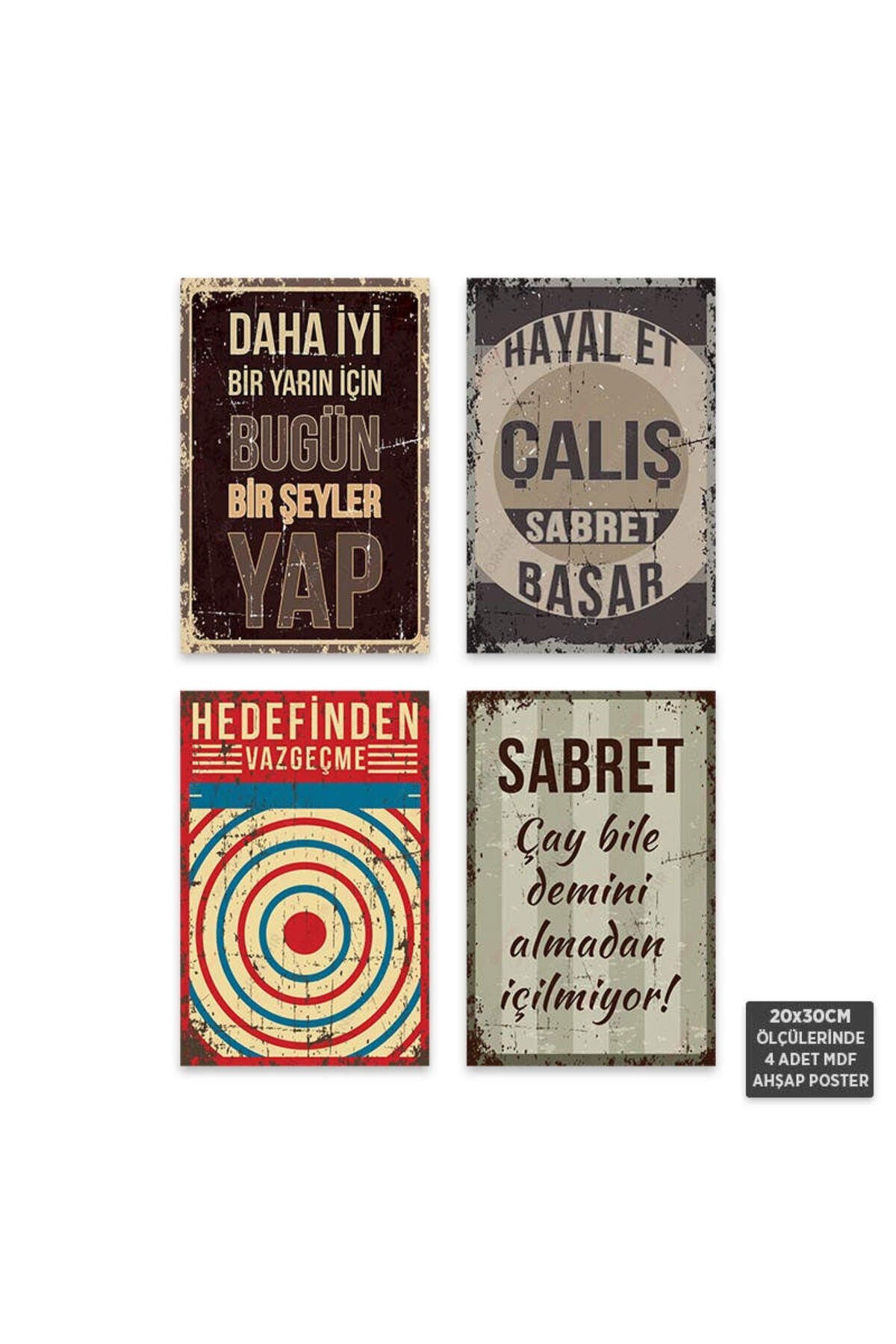 PS1002 - Türkçe Retro Mdf Ahşap Poster Set (4 Adet - 20x30cm)