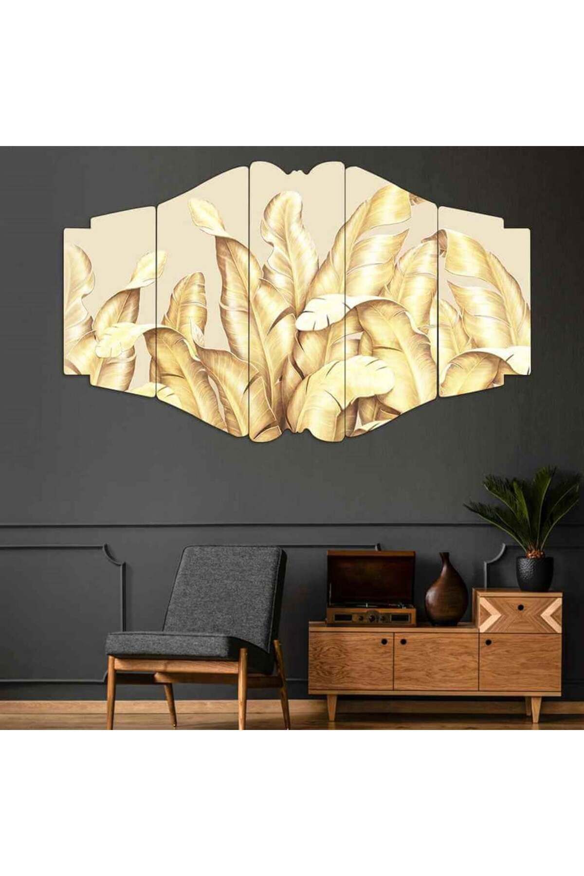 Altın Yaprak Işıltısı - 5 Parçalı Tablo