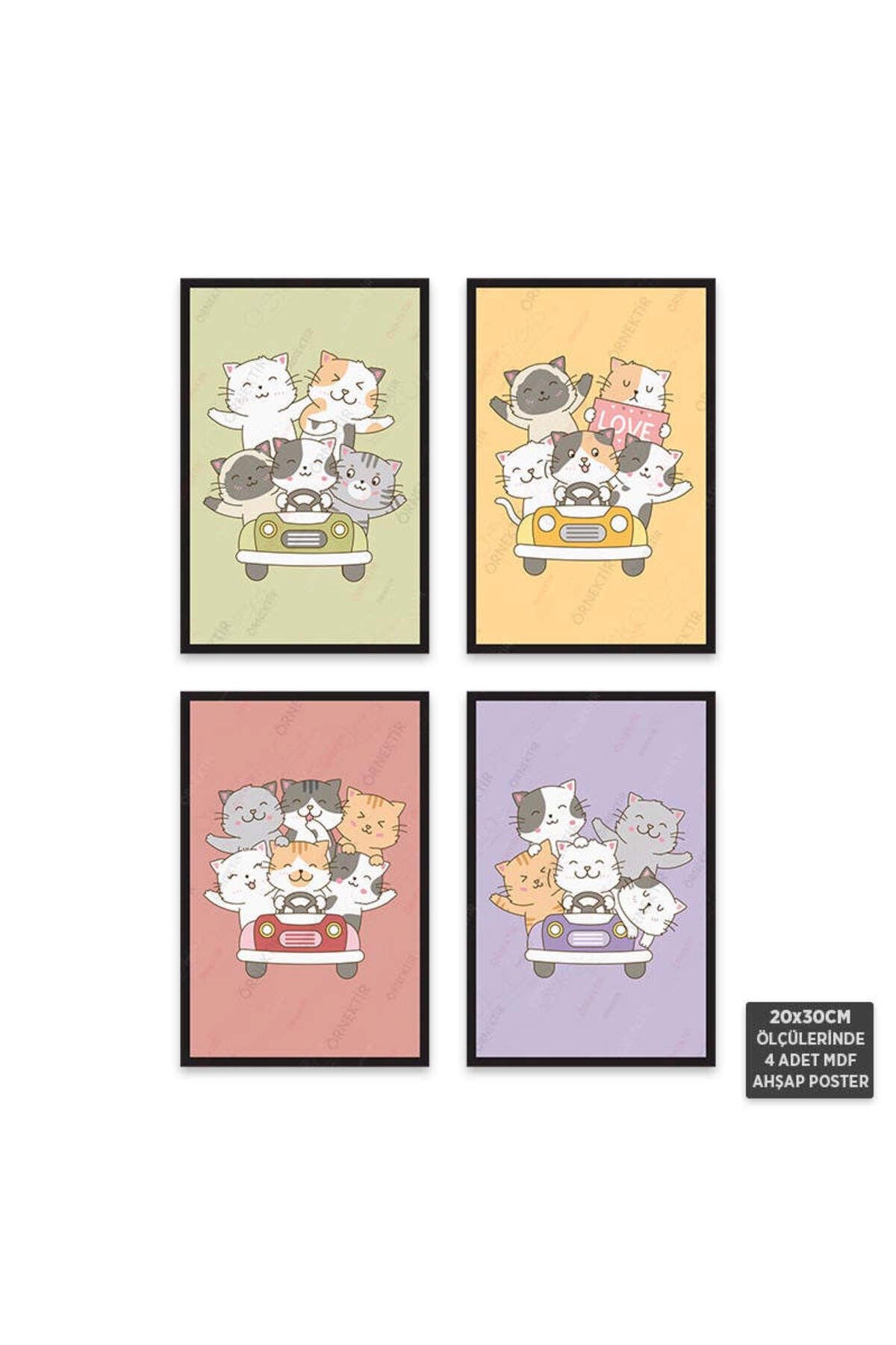 PS1018 - Arabalı Kedi Modern Mdf Ahşap Poster Set (4 Adet - 20x30cm)