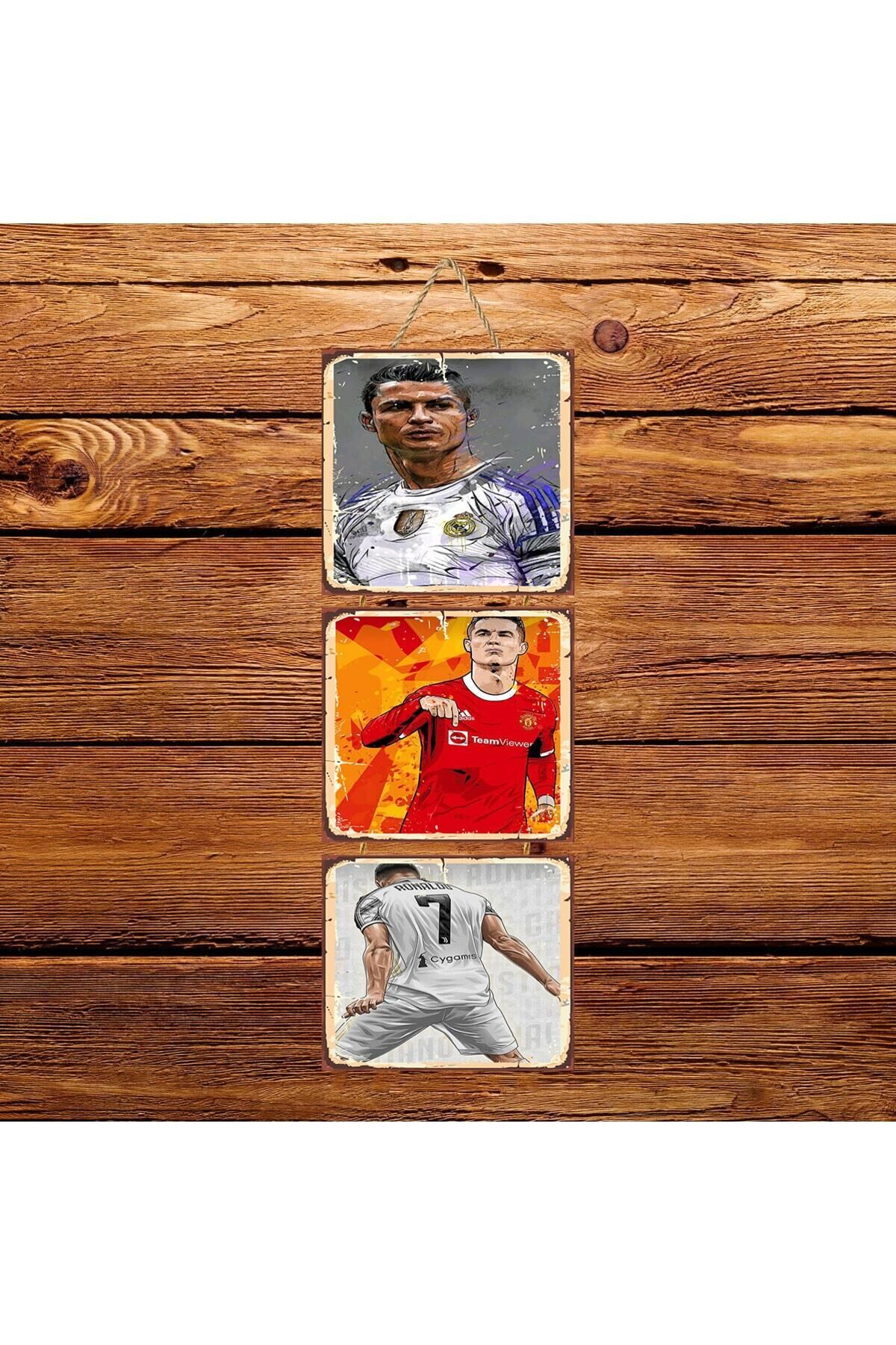 Cristiano Ronaldo Tasarımlı Üçlü Retro Ahşap Tablo