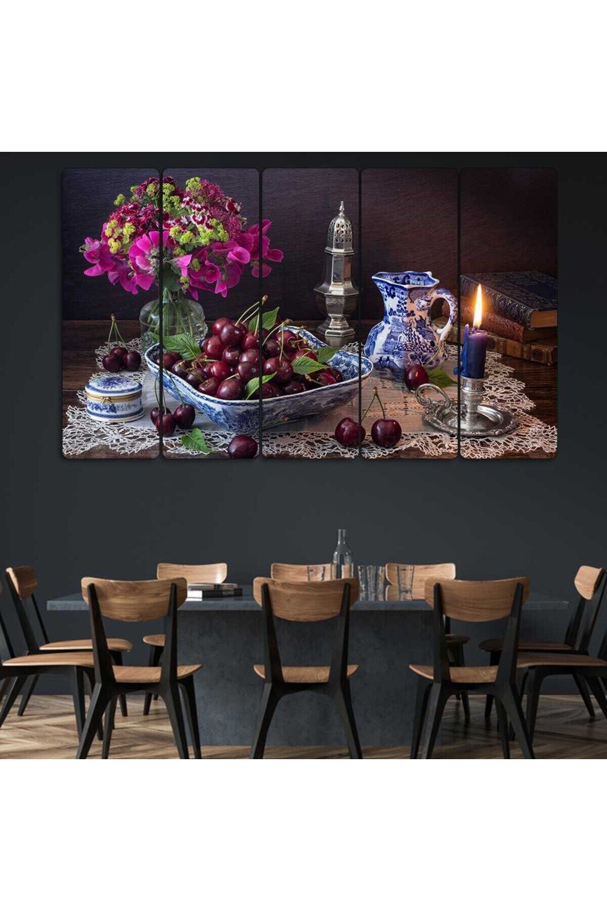 Kiraz Tabağı, Mum, Çiçek, Kitap - 5 Parçalı Tablo