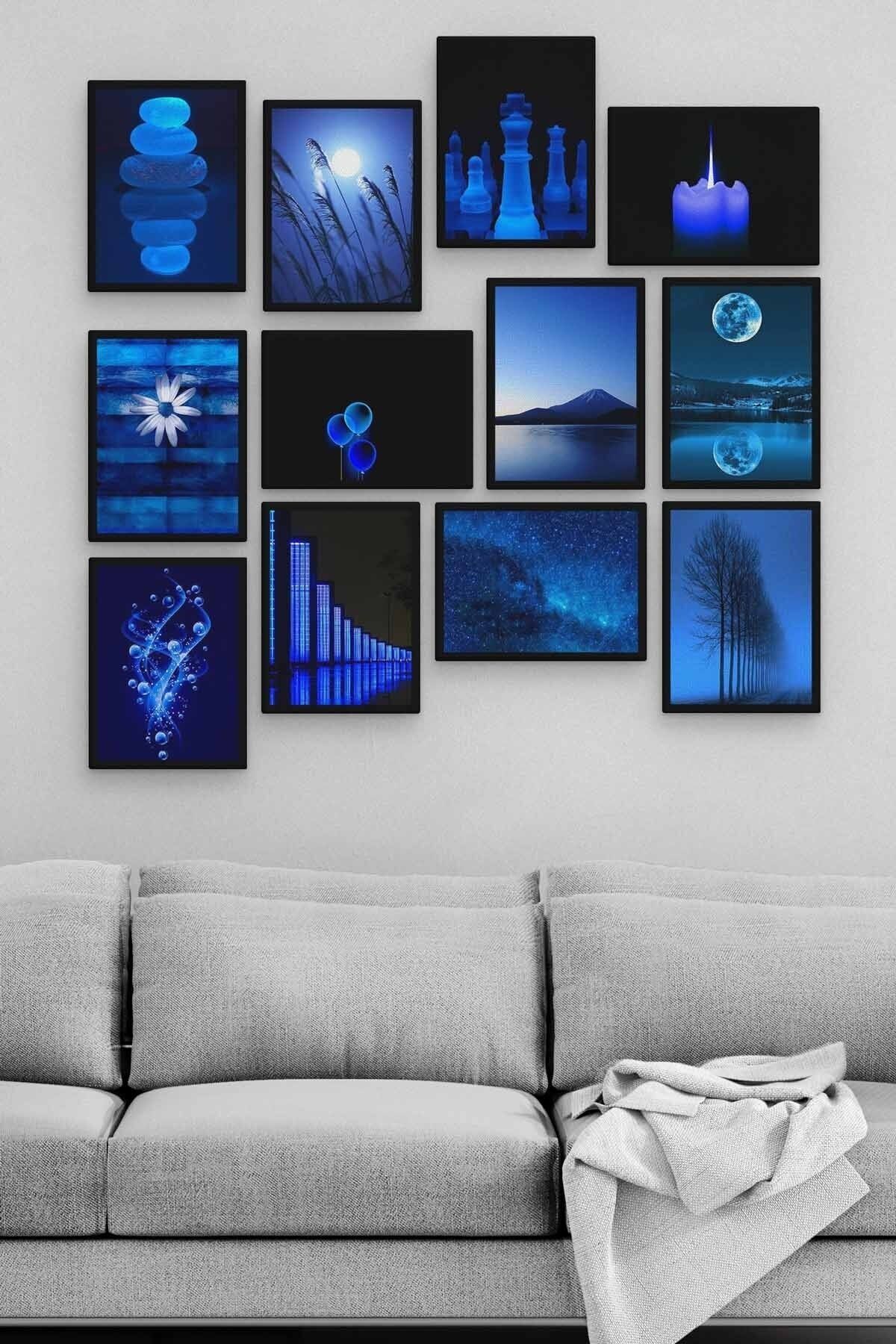 Mavi 12 Parça Ahşap Mdf Tablo Zlltb197