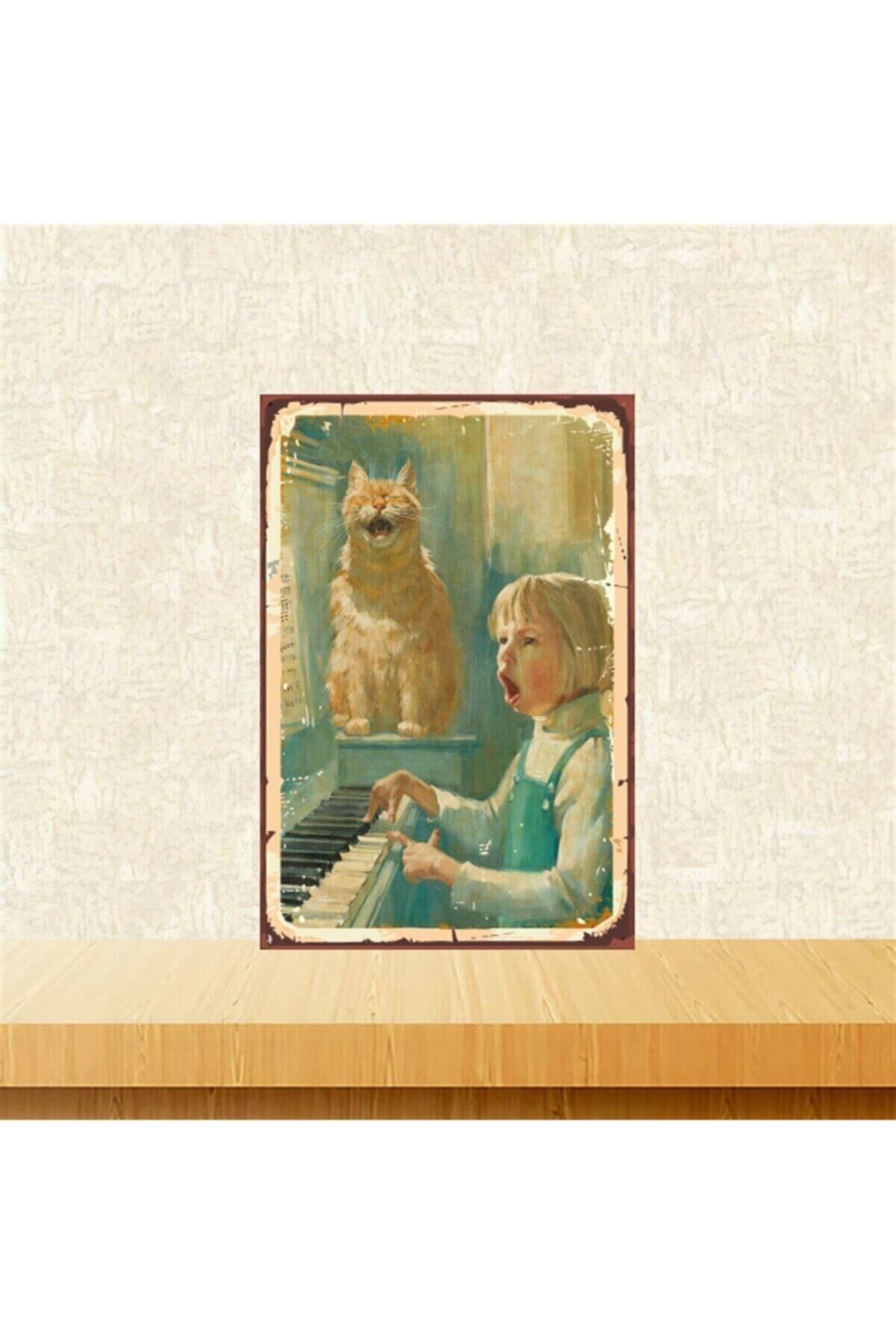 Piyano Çalan Çocuk Ve Kedi 20-30 Cm Retro Ahşap Tablo Tkfx4626