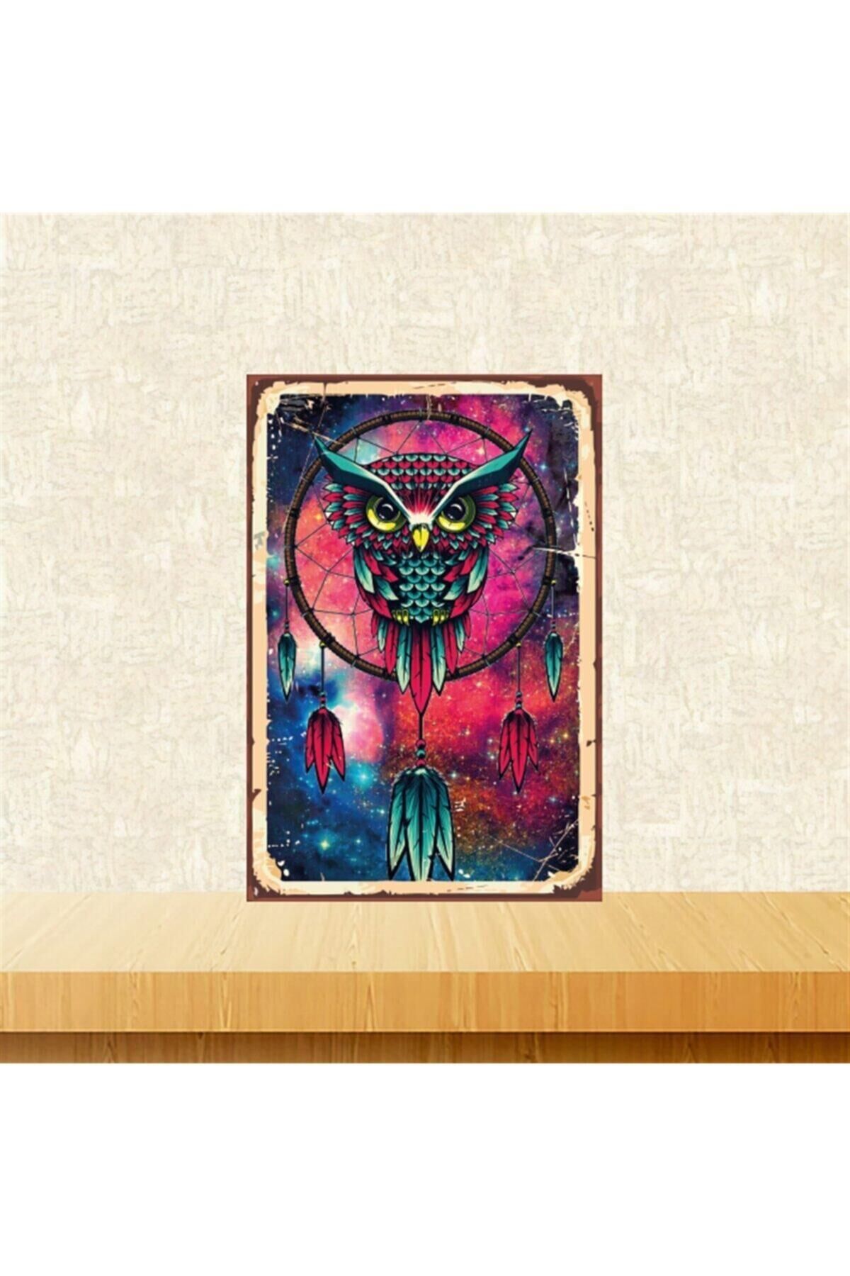 Baykuşlu Rüya Kapanı 20-30 Cm Retro Ahşap Tablo Tkfx5307