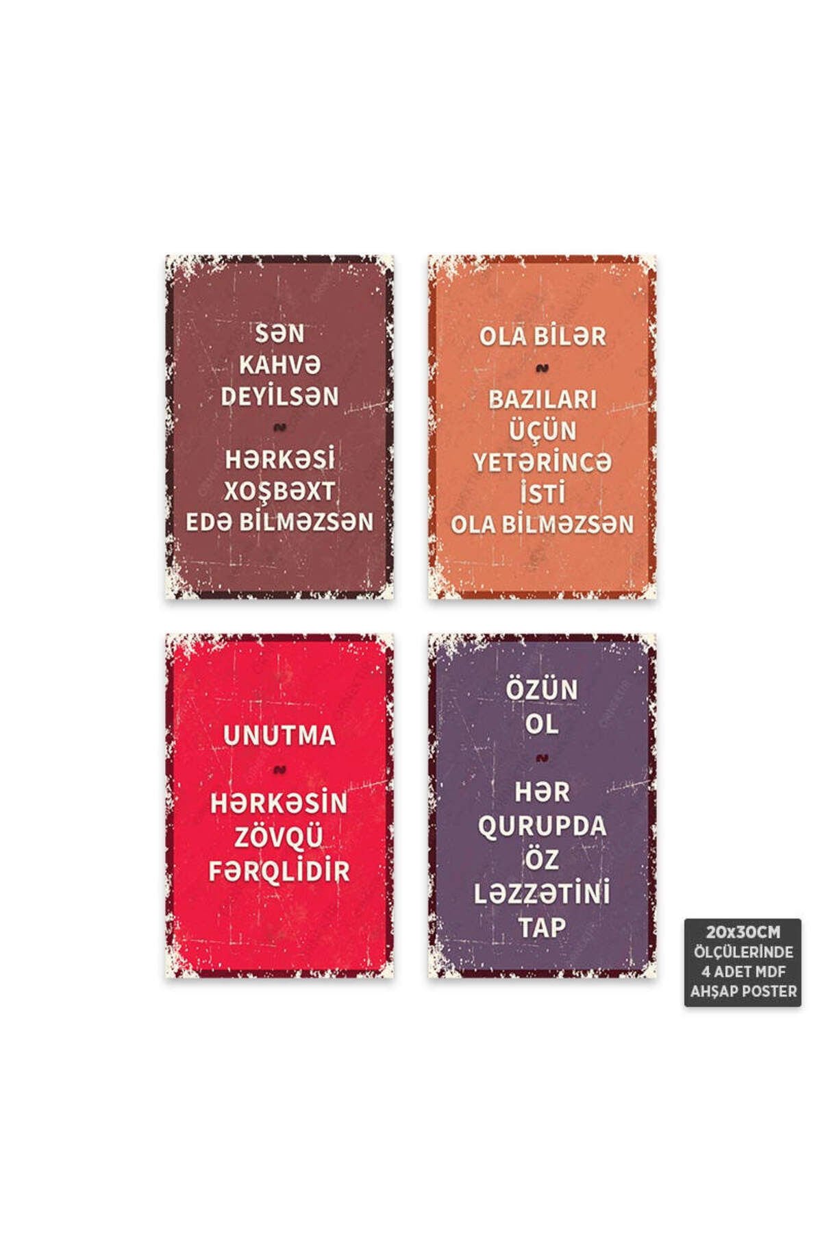 PS1130-AZE - Azerbaycan Türkçesi Retro Mdf Ahşap Poster Set (4 Adet - 20x30cm)