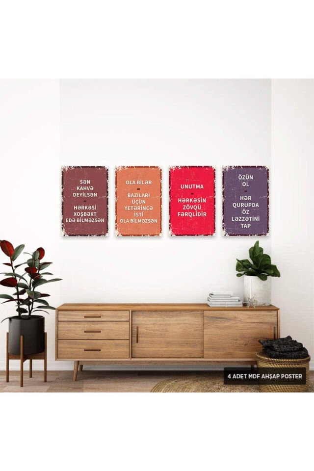 PS1130-AZE - Azerbaycan Türkçesi Retro Mdf Ahşap Poster Set (4 Adet - 20x30cm)