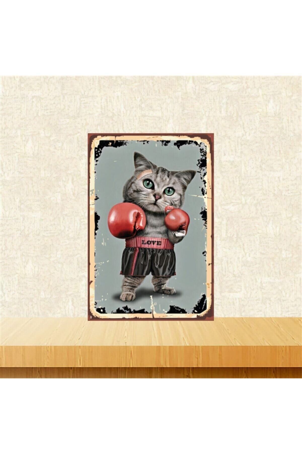 Boksör Kedi 20-30 Cm Retro Ahşap Poster Tkfx4360