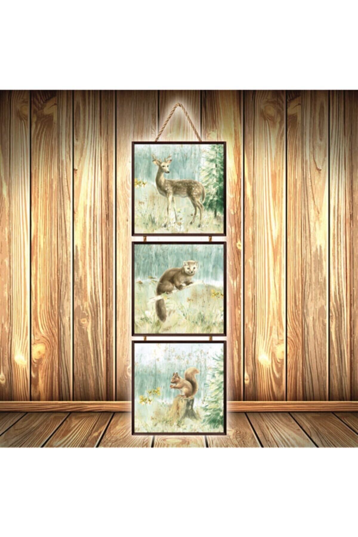Hayvanlar Tasarımlı Üçlü Retro Ahşap Poster Ü511