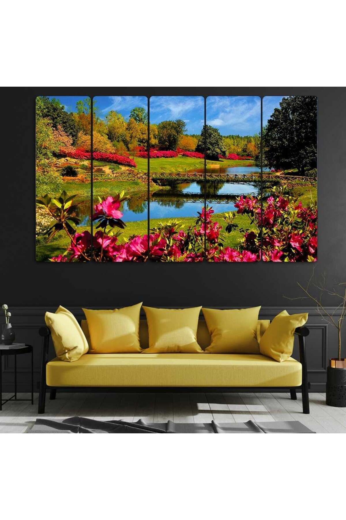 Dere, Köprü, Çiçekler, Manzara - 5 Parçalı Tablo