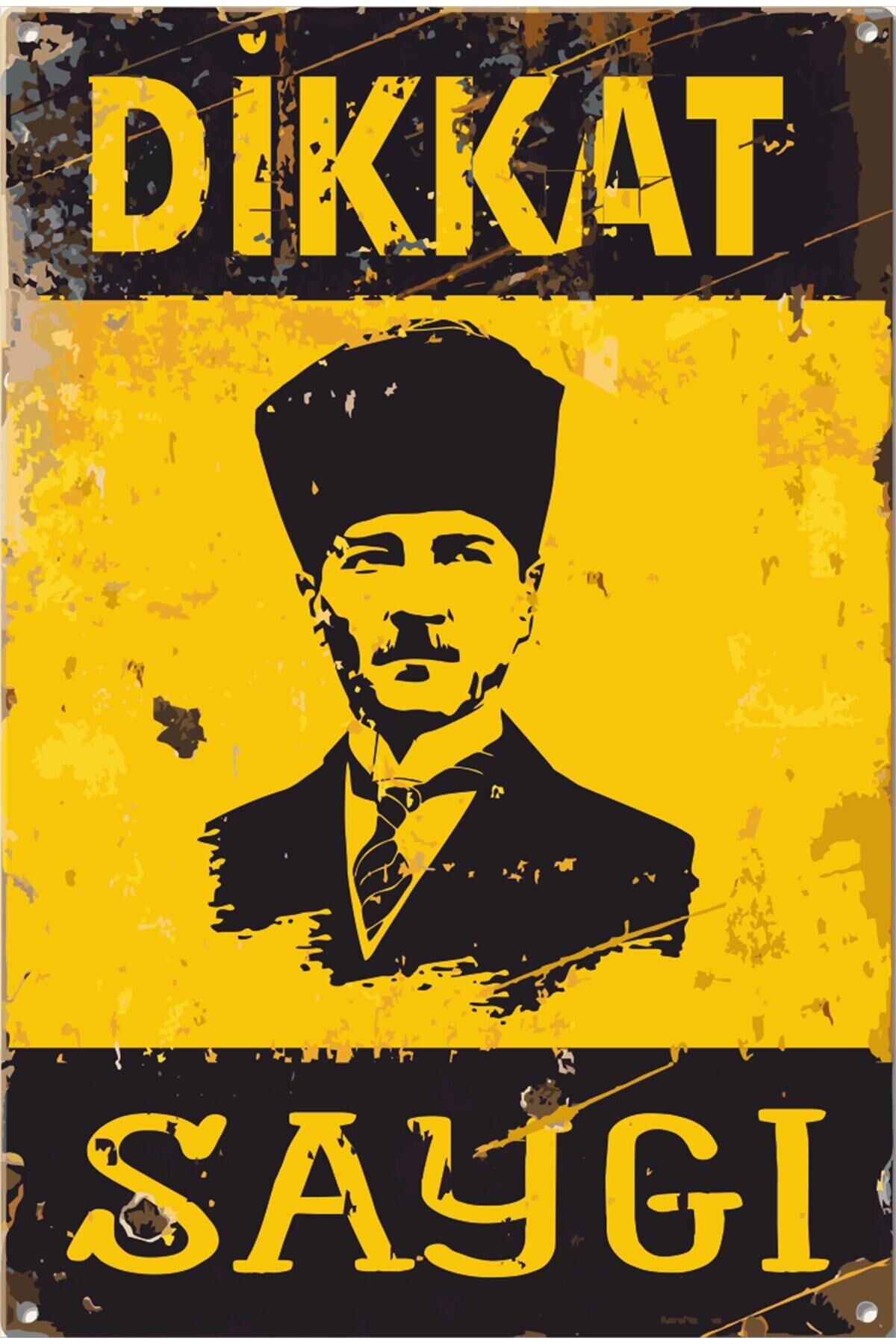 Dikkat Atatürk'e Saygı Uyarı Levhası Retro Ahşap Poster