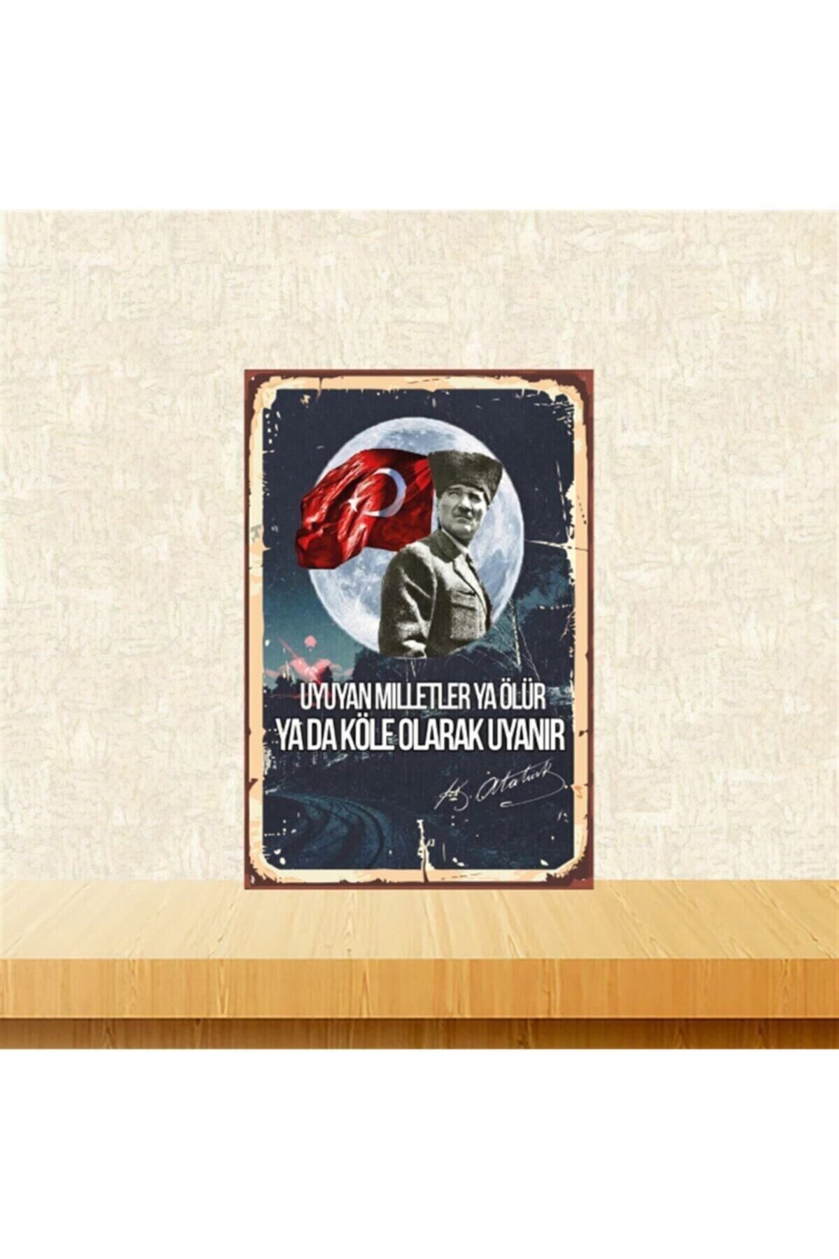 Mustafa Kemal Atatürk Uyuyan Milletler 20-30 Cm Retro Ahşap Poster Tkfx4469