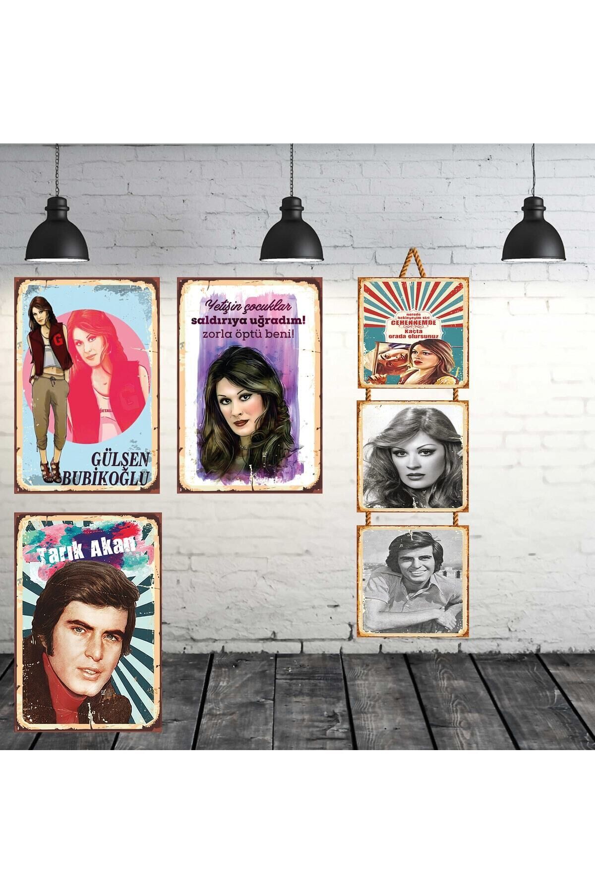 Tarık Akan & Gülşen Bubikoğlu Seti 3 Adet 20x30 Cm 3 Adet 15x15 Cm Retro Ahşap Tablo