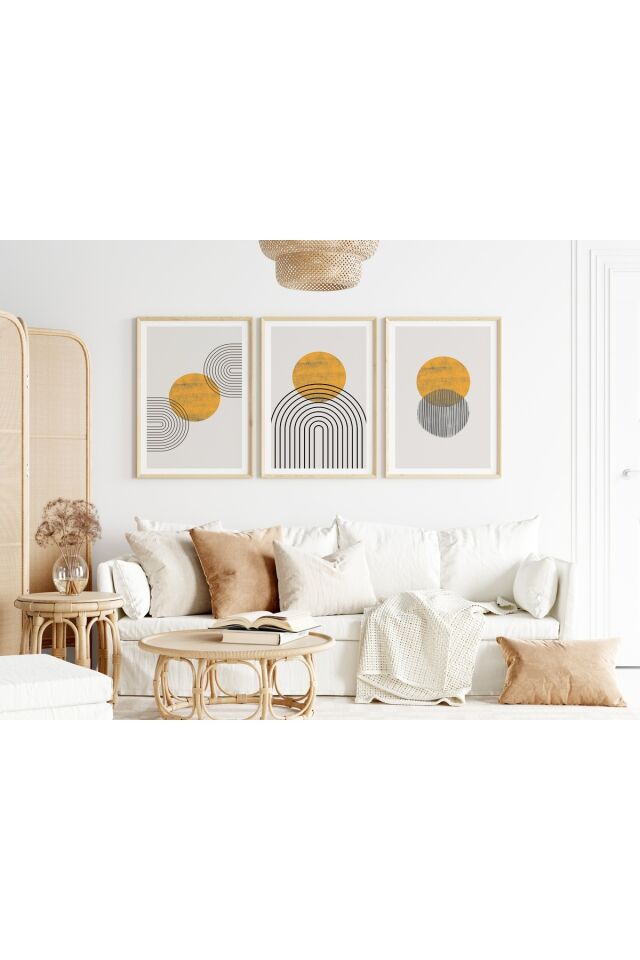 Minimalist Modern 3'lü Tablo Seti - Soyut - Bh-002 - Sarı
