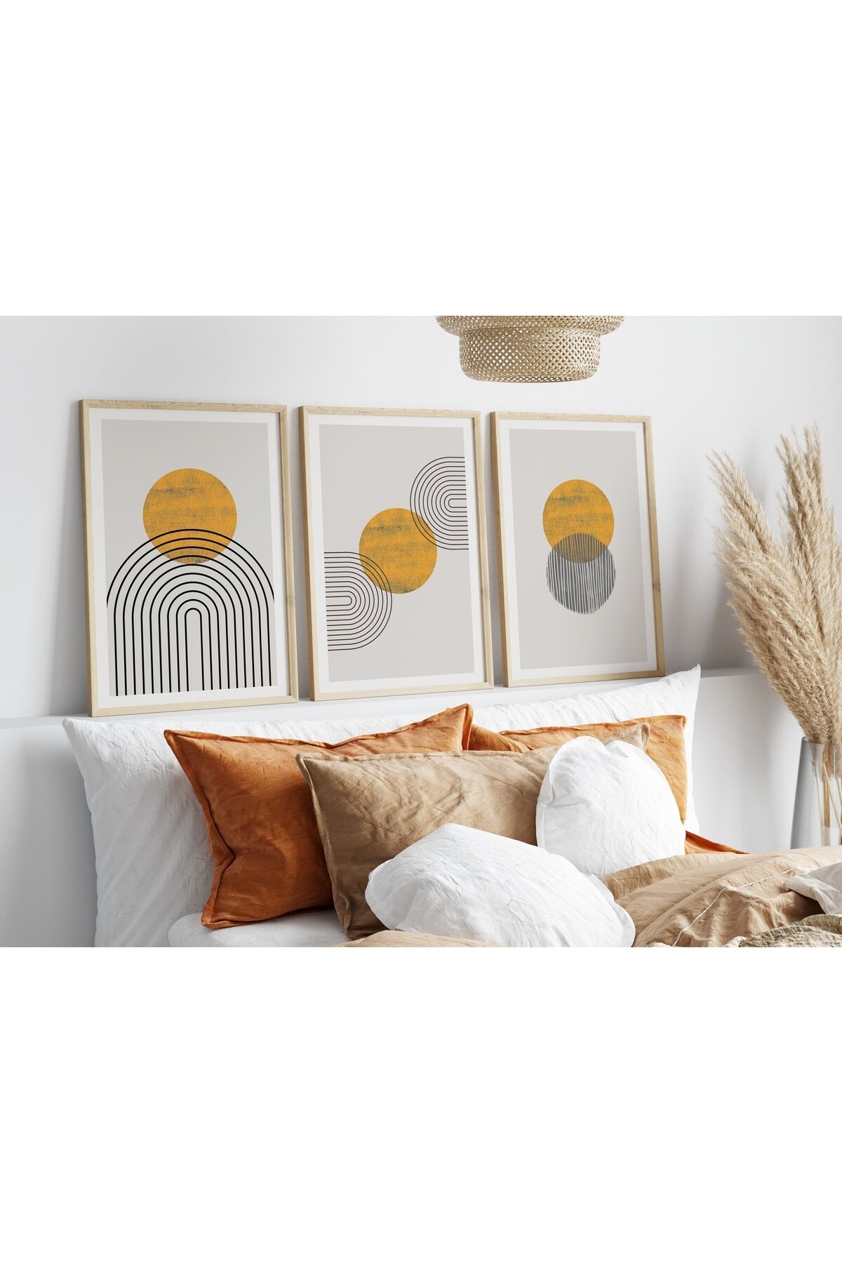 Minimalist Modern 3'lü Tablo Seti - Soyut - Bh-002 - Sarı