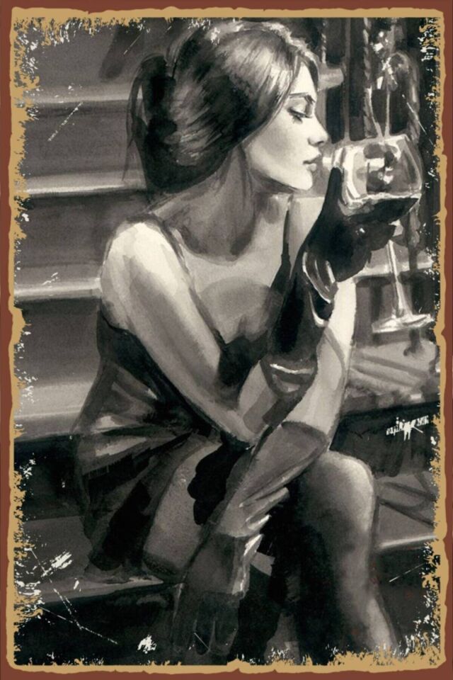 Kadın Ve Şarap Temalı Retro Ahşap Poster