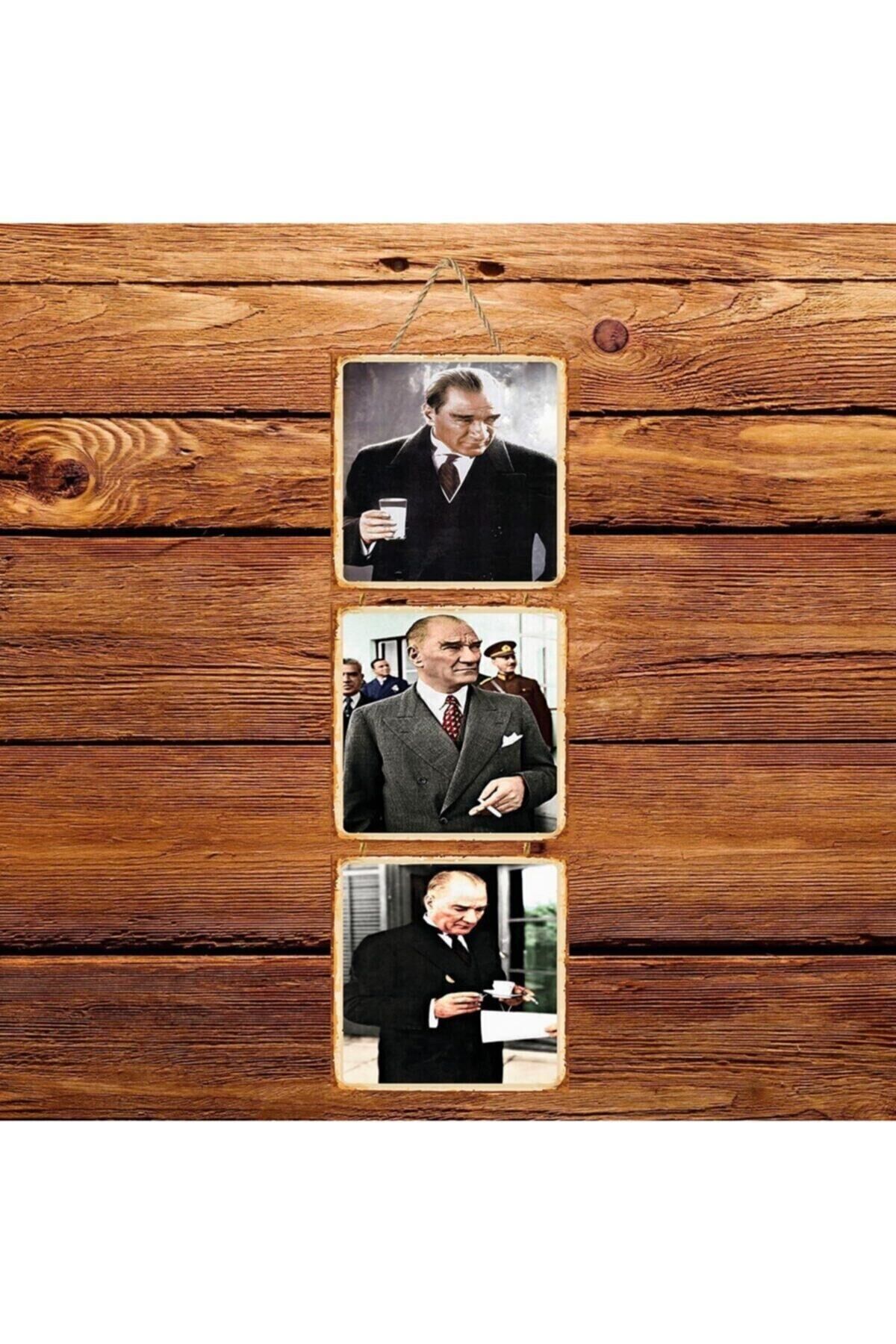 Atatürk Üçlü Retro Ahşap Poster