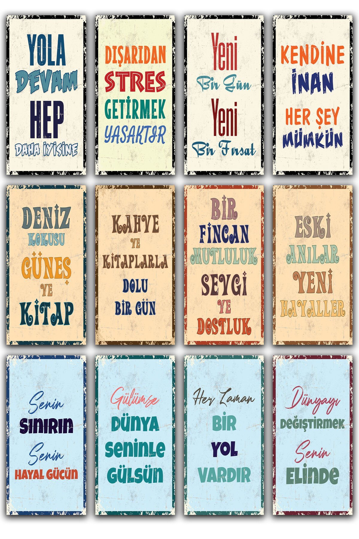 12li Duvar Yazıları Retro Ahşap Poster 10x20 Set