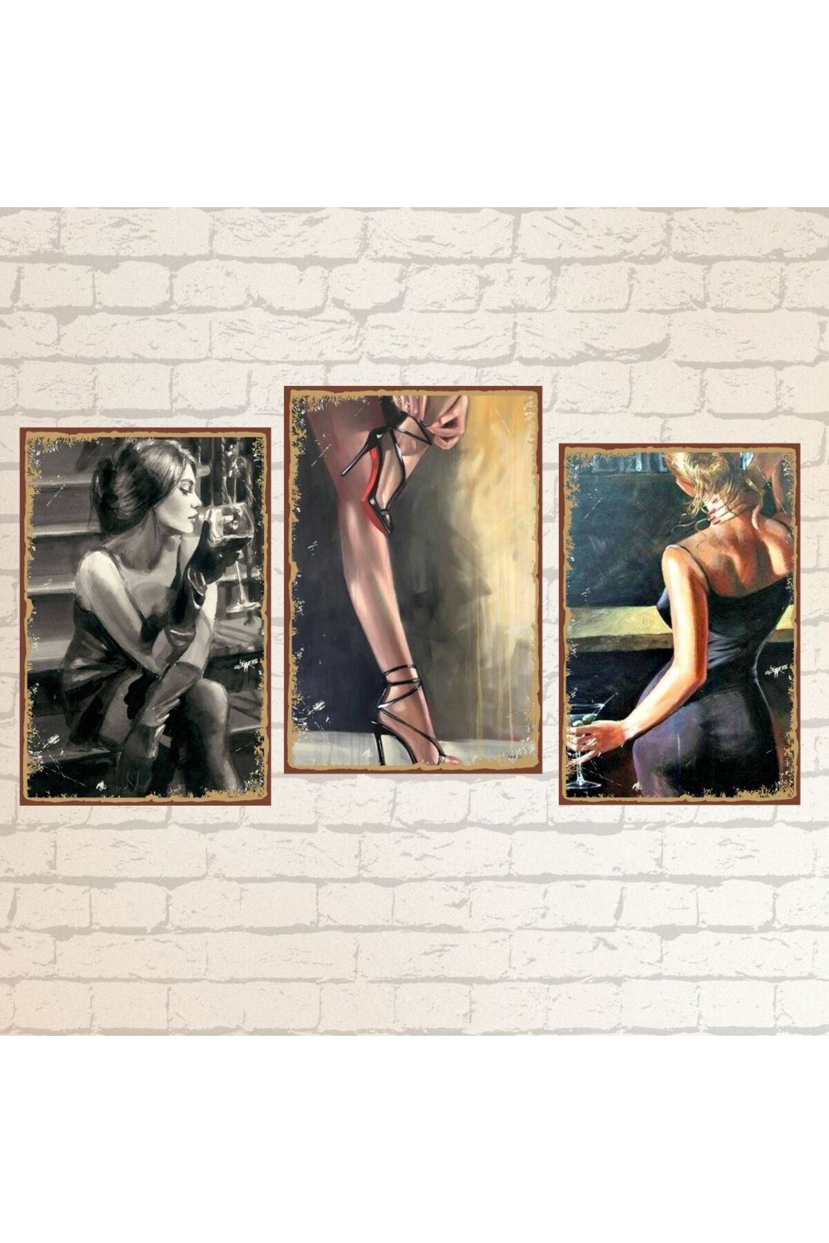 Kadın Ve Şarap Temalı Ahşap Poster 3 lü