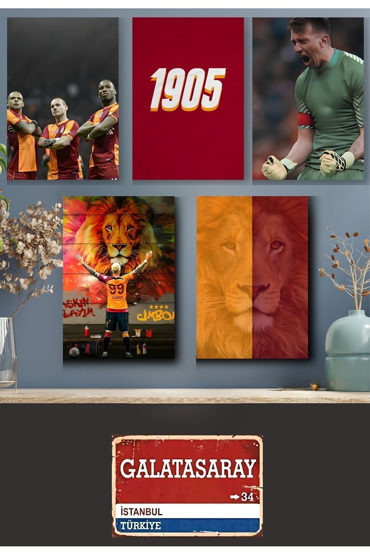 Galatasaray' Ahşap Poster Altılı Set 1'Adet (20*30cm) Tabela+ 5'Adet (10*15cm) ,