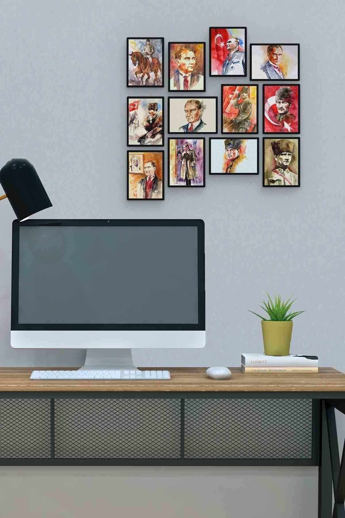 Mustafa Kemal Atatürk 12 Parça Mdf (ahşap) Tablo Ofis Boyu